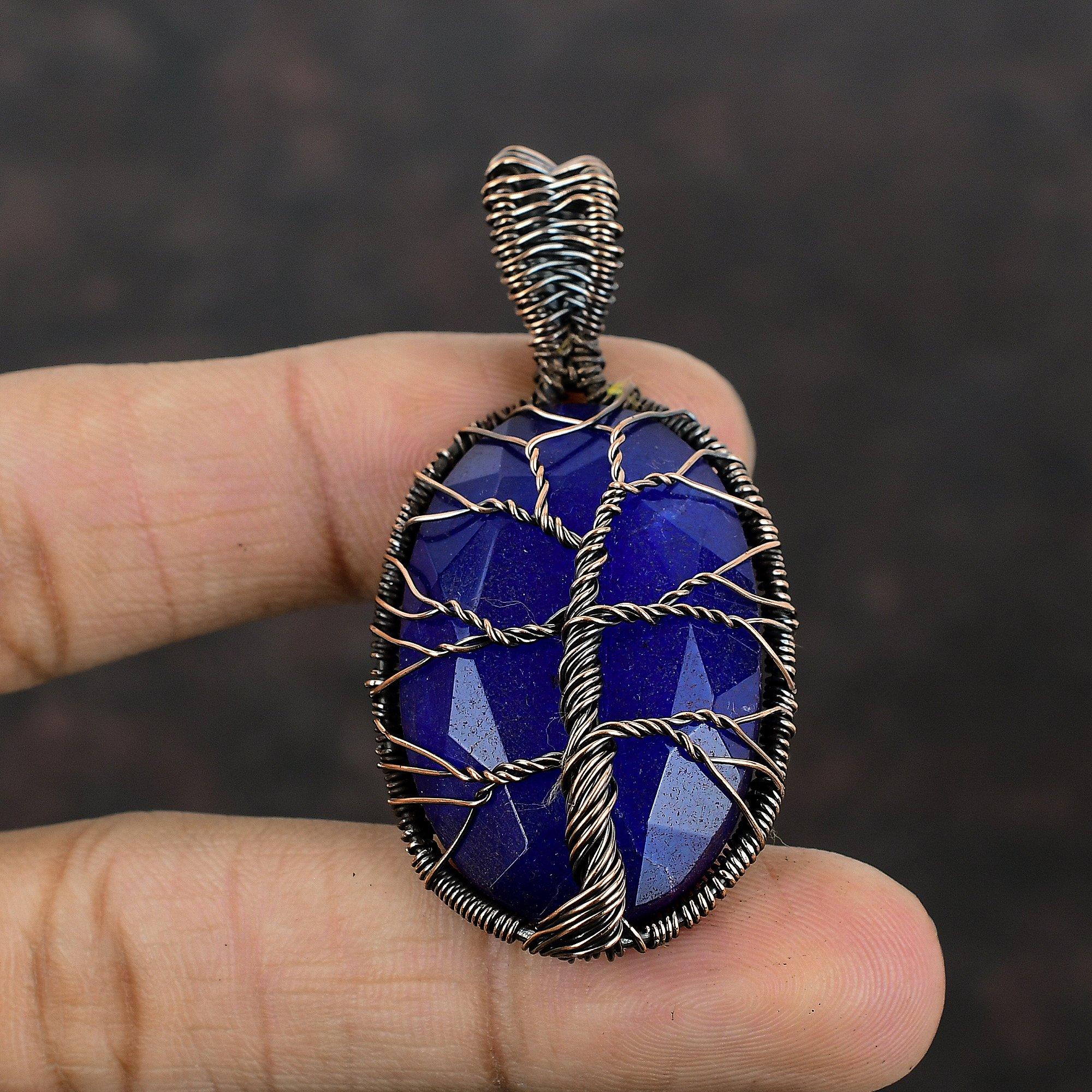 Baum des Lebens Facettierter Blauer Saphir Anhänger Kupferdraht gewickelter Anhänger Handgefertigter Anhänger Kupferdraht Wickelschmuck Edelsteinanhänger Zum Geschenk