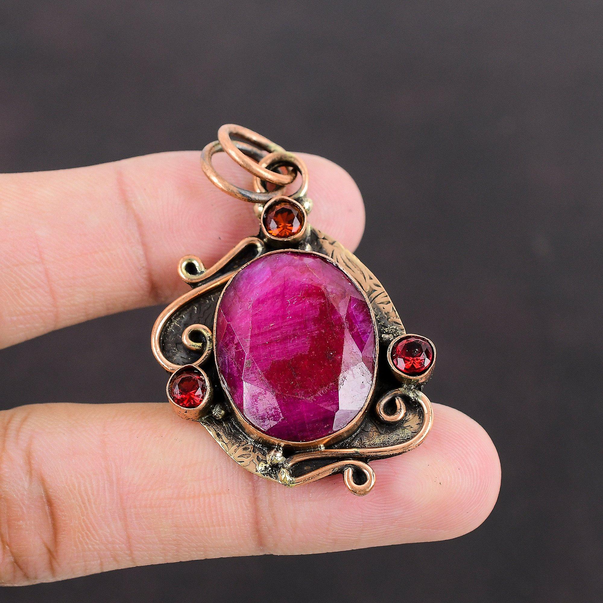 Faceted Kashmir Ruby Pendant Mozambique Garnet Pendant Copper Pendant Gemstone Jewelry Handmade Pendant Gift For Her Designer Copper Jewelry