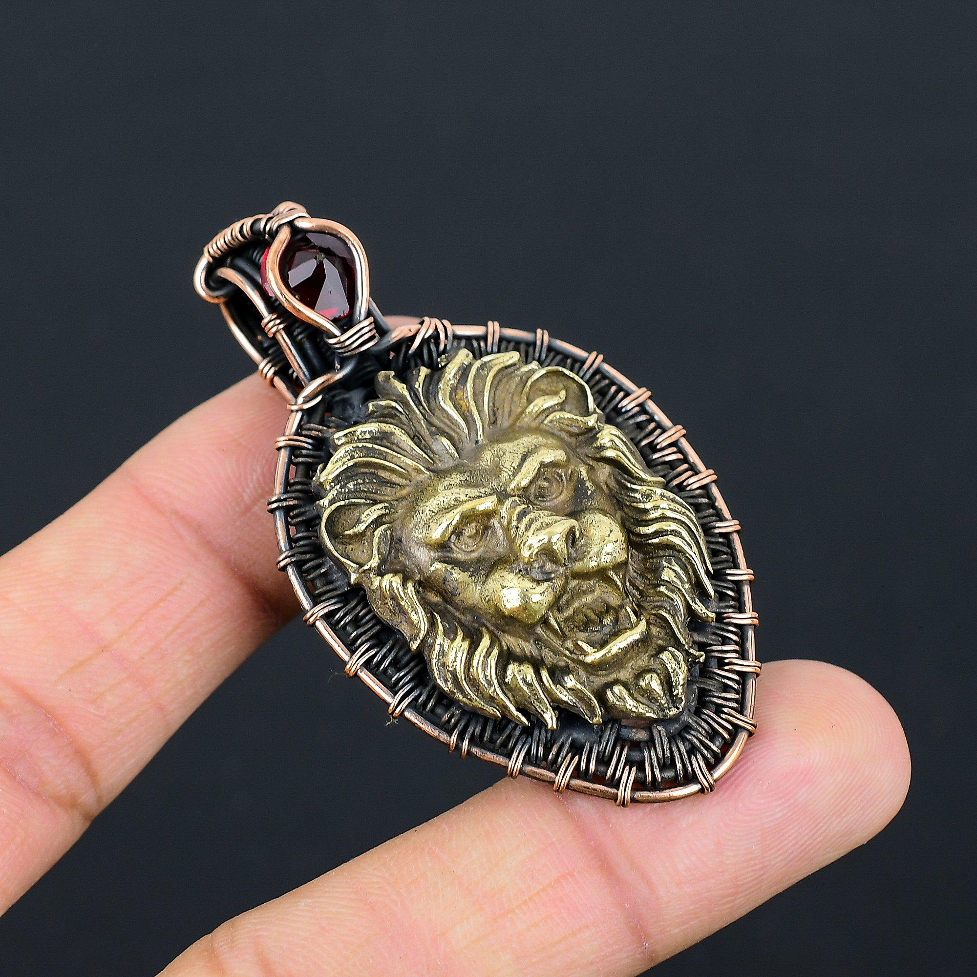 Fancy Lion Casting Face & Red Garnet Gemstone Pure Copper Wire Wrapped Handmade Pendant Jewelry