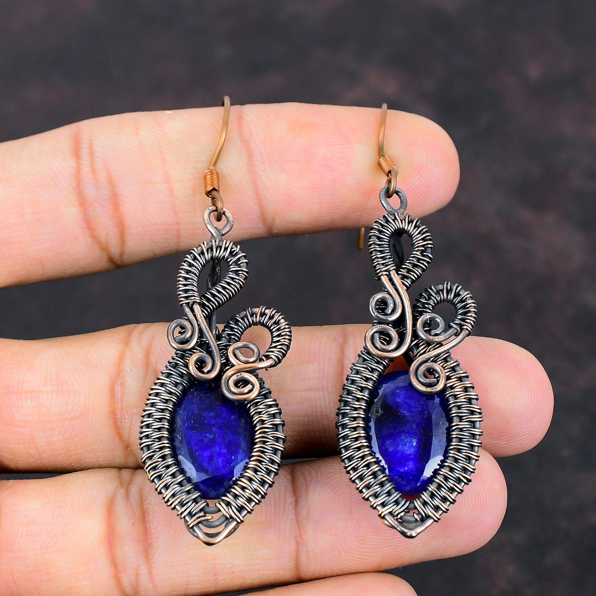 Boucle d'oreille Saphir Bleu Facetté Fil de Cuivre Enroulé Fait Main Boucle d'oreille Fil Enroulé Bijou Pierre Précieuse Bijou en Cuivre Boucles d'oreilles Pendantes Cadeau pour Mère