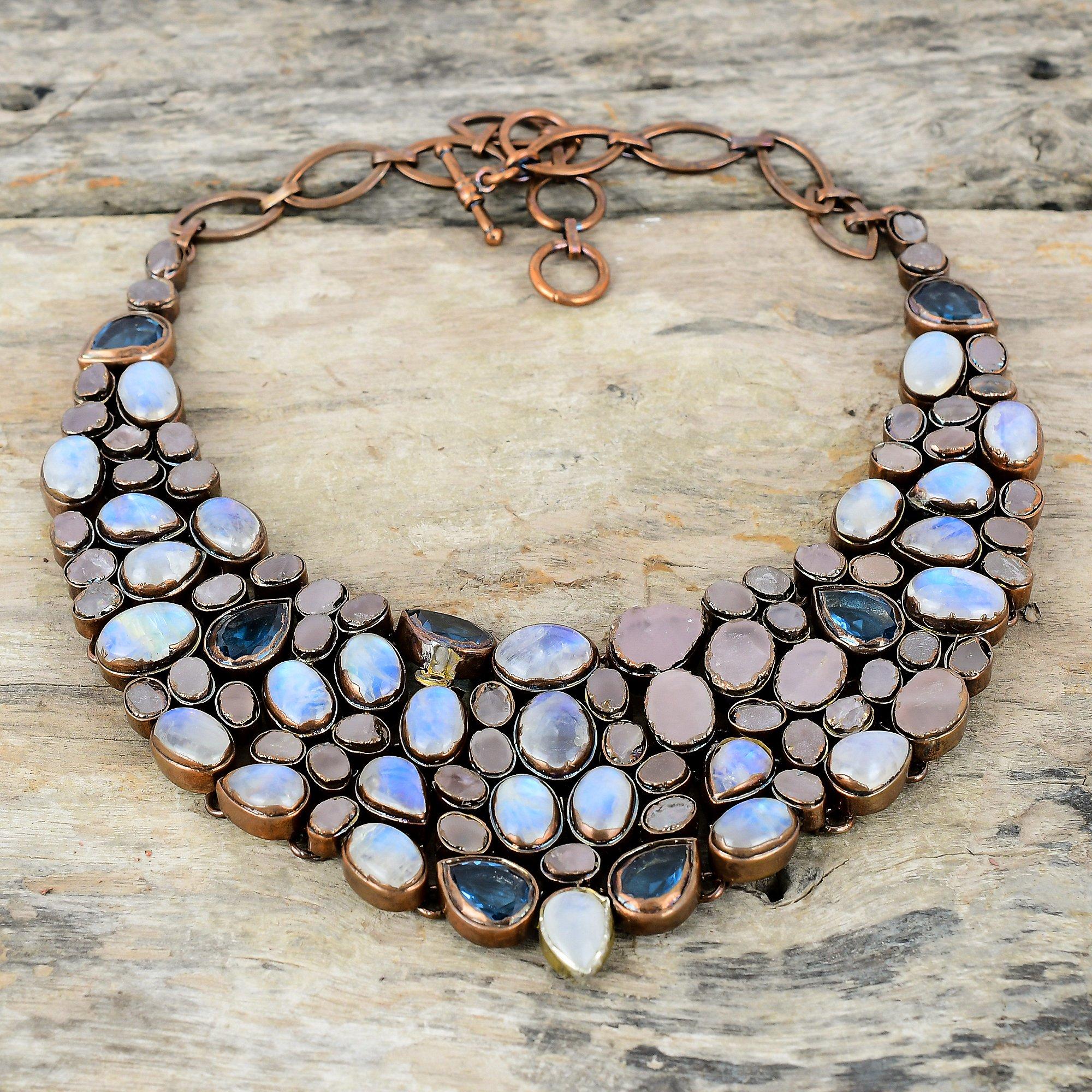Rainbow Moonstone Necklace Electroformed Copper Necklace Adjustable Chain Necklace Swiss Blue Topaz And Rose Quartz Rough Gemstone Necklace