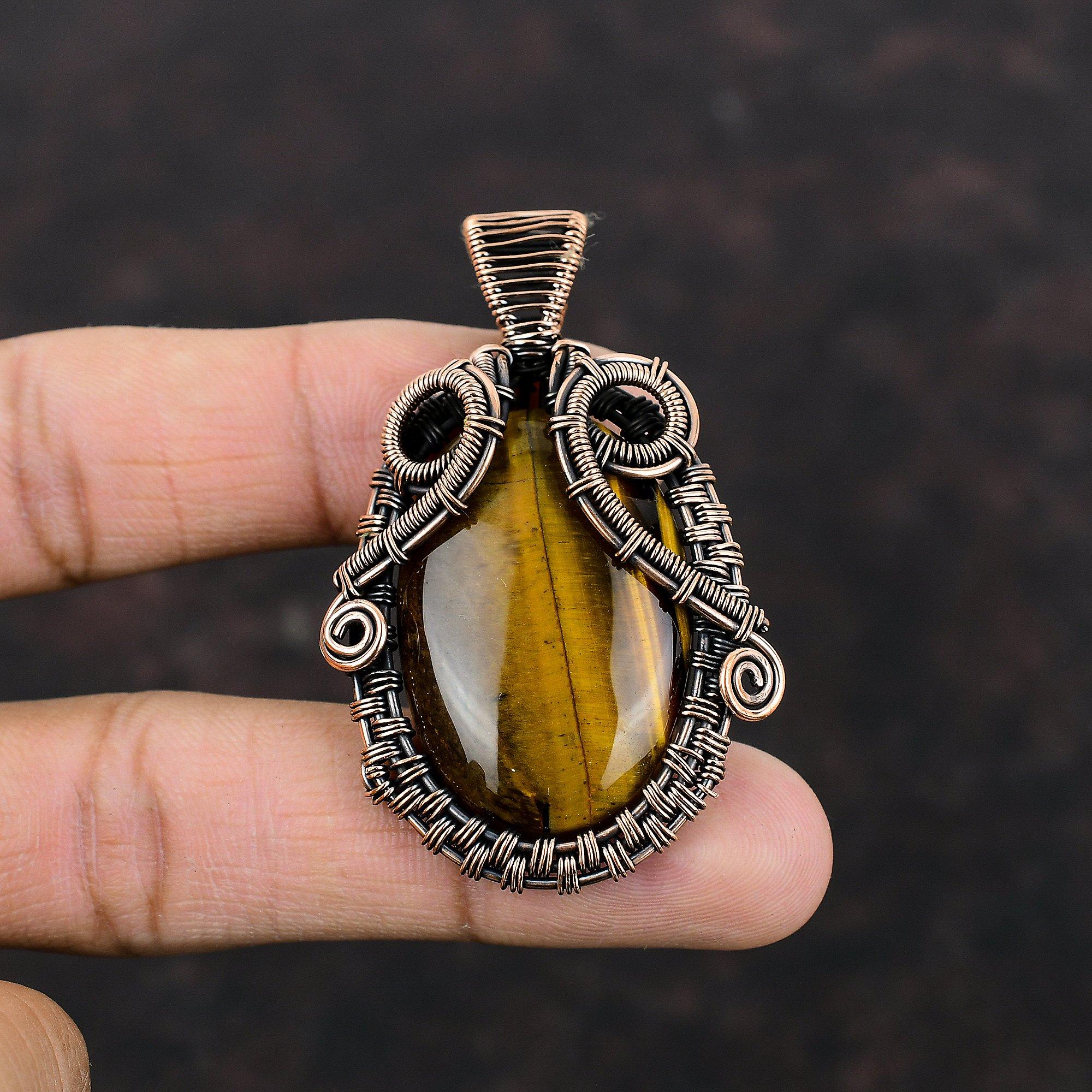 Tiger's Eye Pendant Gemstone Jewelry Copper Wire Wrapped Pendant Handmade Boho Pendant Tiger's Eye Jewelry Gift For Her Copper Wire Jewelry