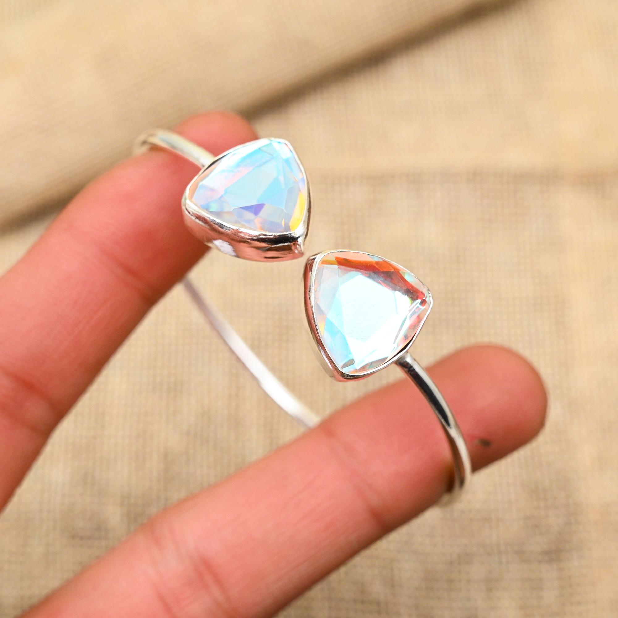 Rainbow Mystic Topaz Gemstone Handmade 925 Sterling Silver Bangle For Her