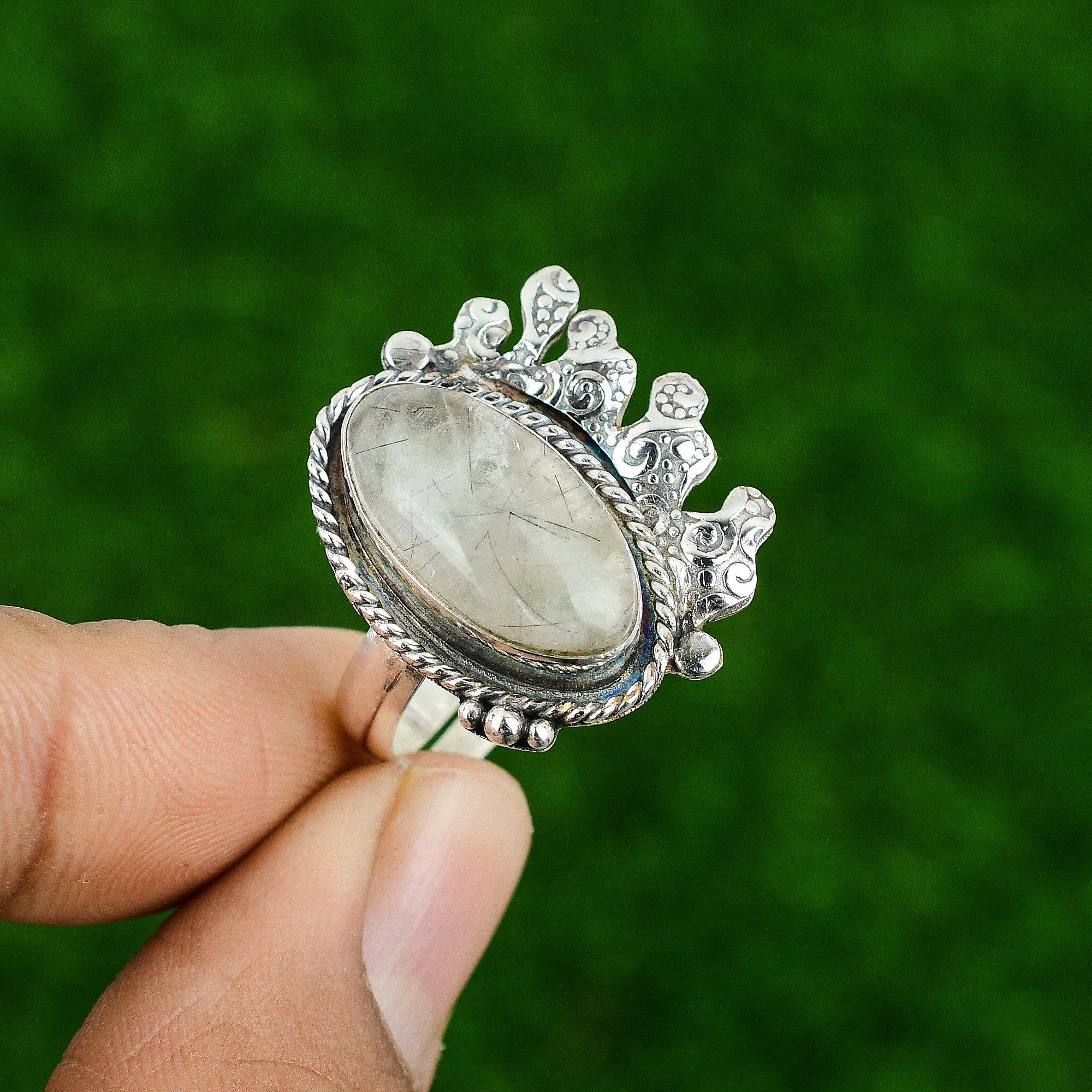 Natural Rutile Gemstone Promise Black Adjustable Ring 925 Sterling Silver