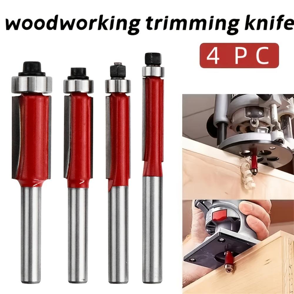 Woodworking trimming knife 4-piece set 1/4 handle woodworking milling cutter tool double edge shank with shaft