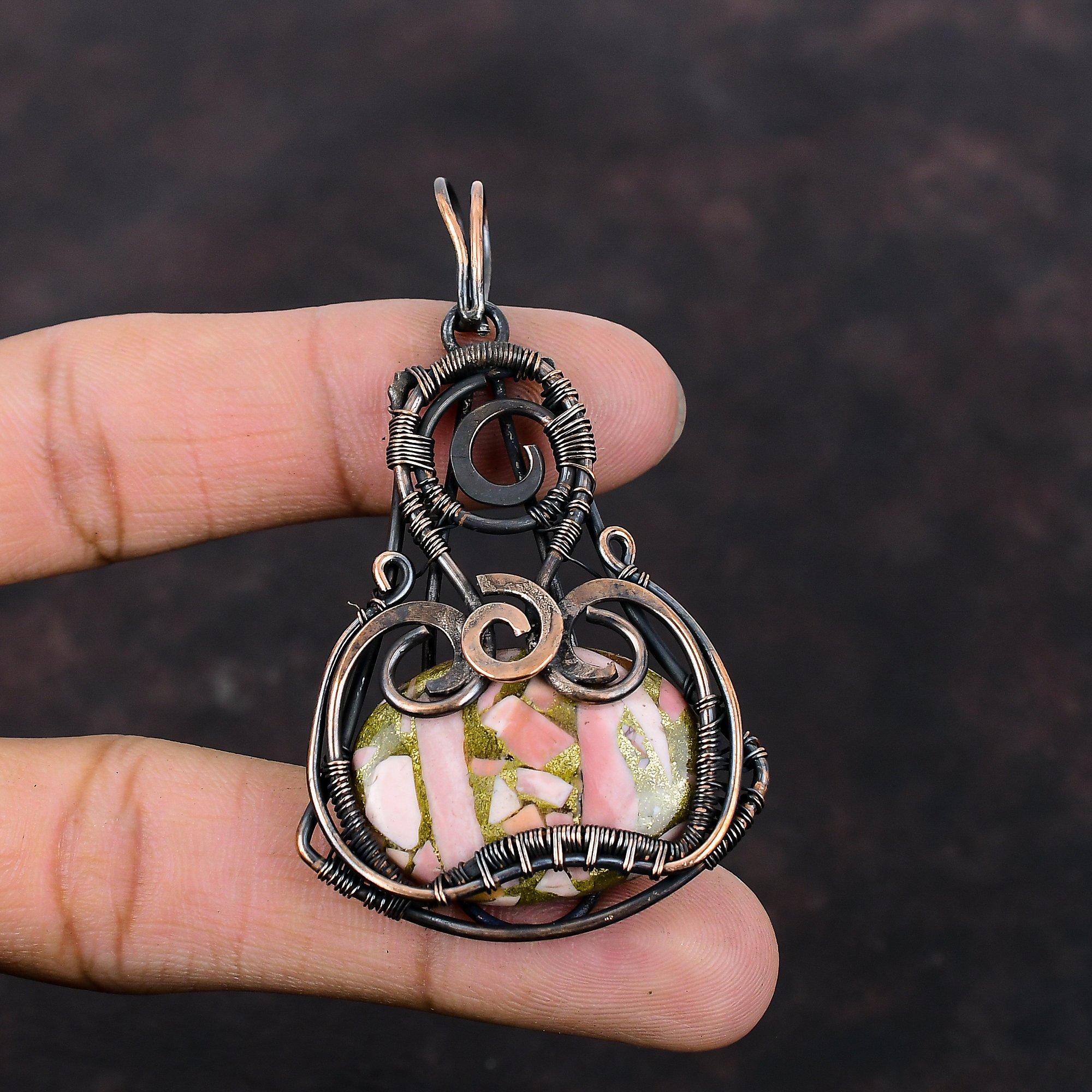 Copper Pink Opal Pendant Copper Wire Wrapped Gemstone Pendant Pink Opal Jewelry Handmade Pendant Copper Wire Wrapped Jewelry Gift For Mother