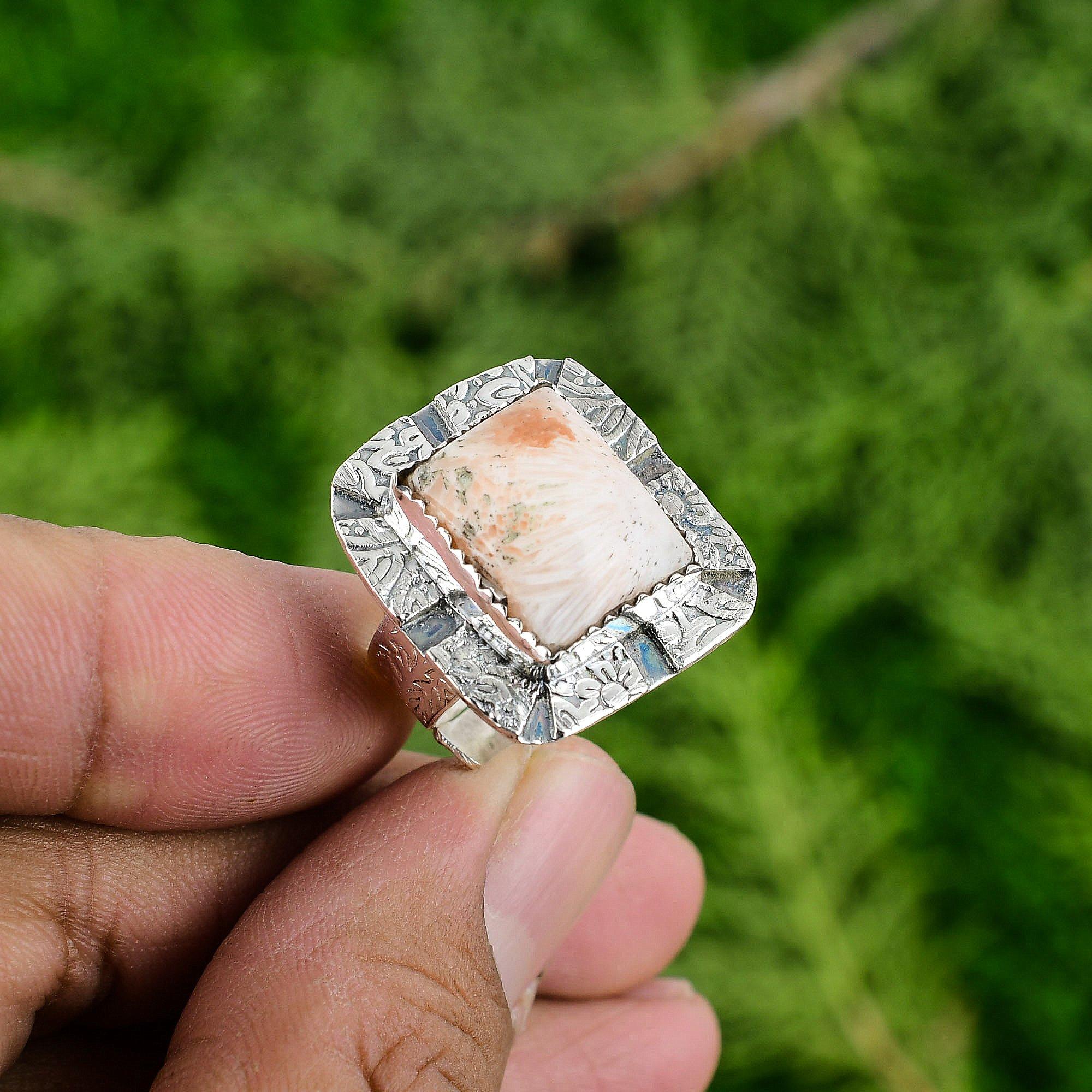 Natural Scolecite Gemstone Solitaire Adjustable Ring 925 Sterling Silver Jewelry