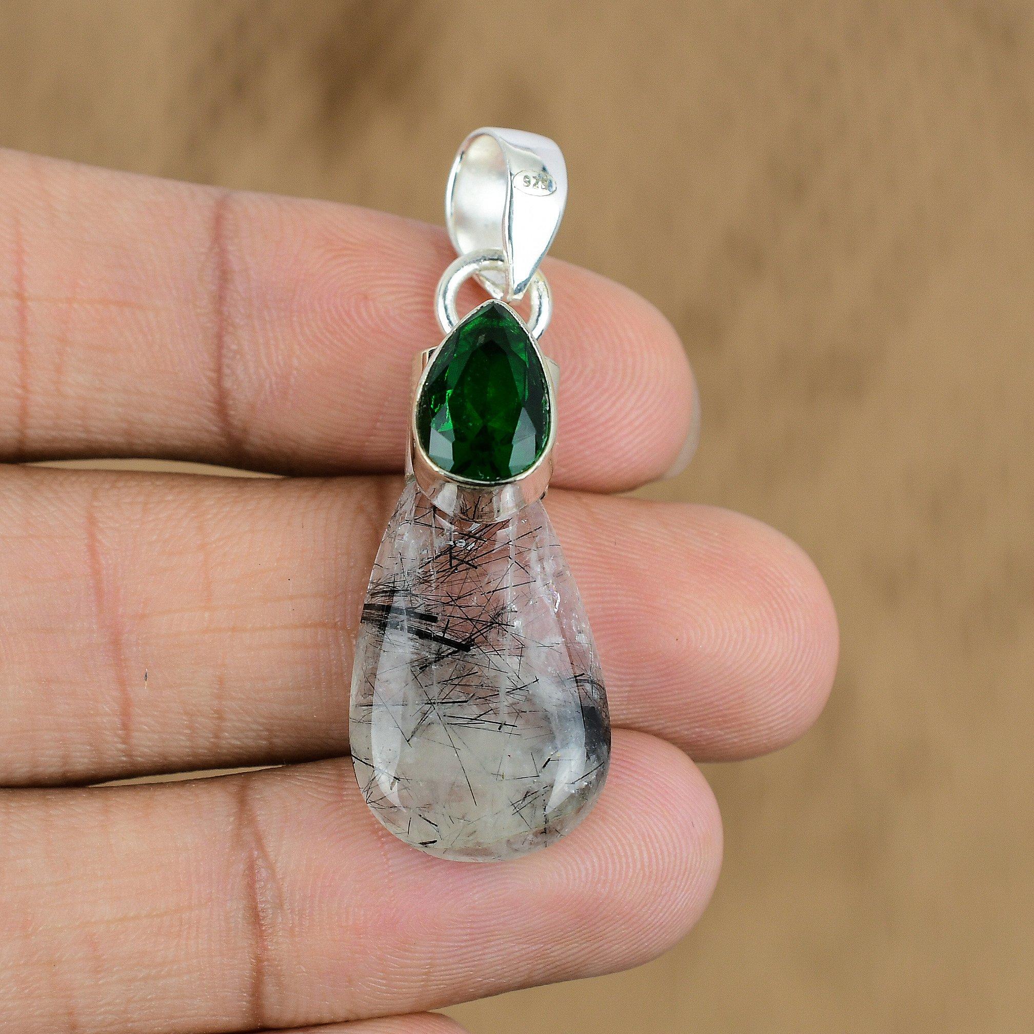 Natural Black Rutile Gemstone Jewelry 925 Sterling Silver Pendant For Women