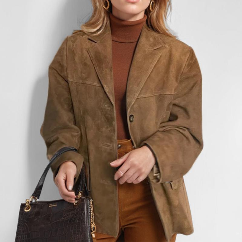 Women's Vintage Brown Oversized Blazer, Stylish Long Sleeve Loose-Fit Jacket with Pockets, Plus Size Women's Trench Coat Comfortable Outerwear