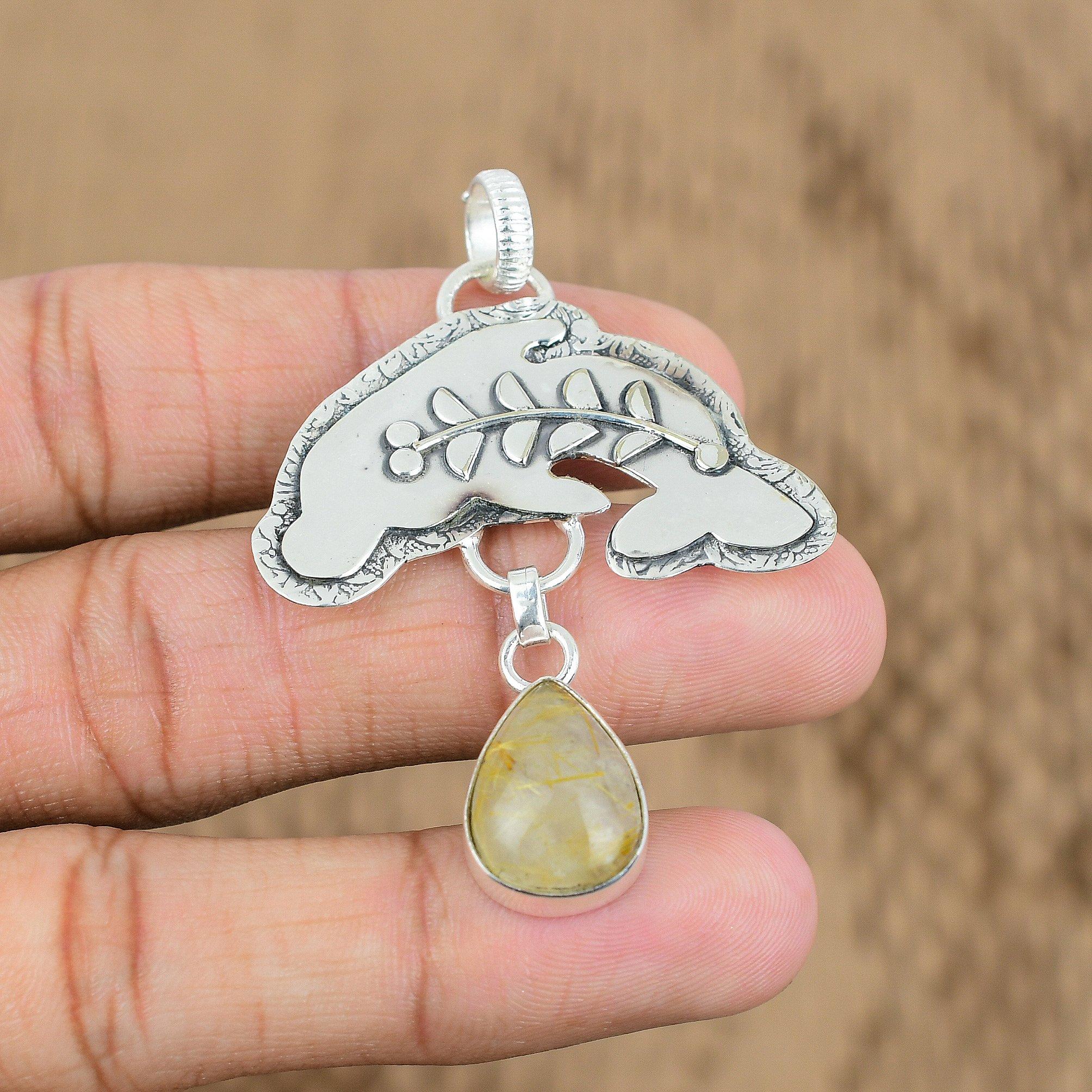 Natural Golden Rutile Gemstone Pendant Fish 925 Sterling Silver For Girls