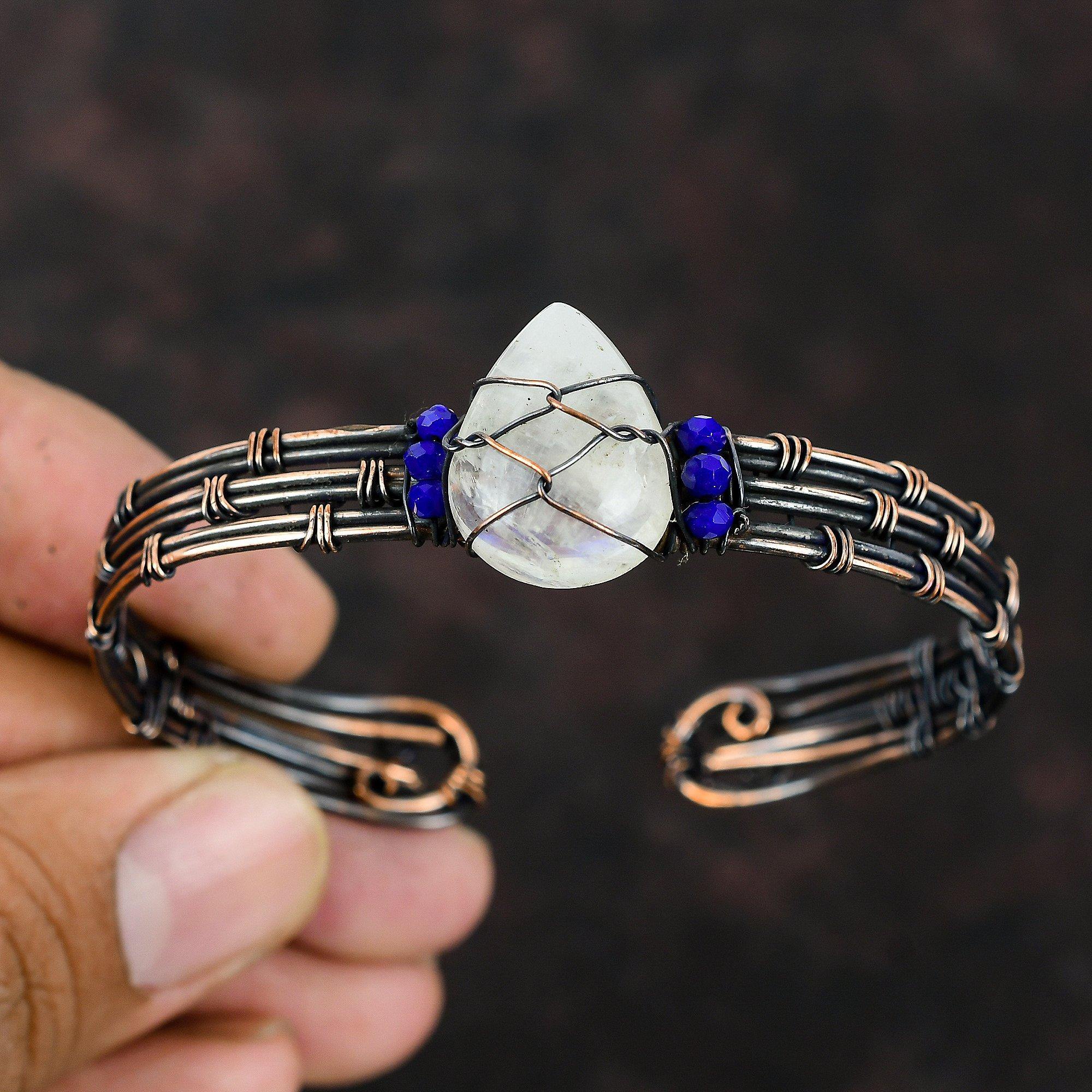 Rainbow Moonstone Cuff Bracelet Lapis Lazuli Beads Bracelet Copper Wire Wrapped Jewelry Adjustable Bracelet Handmade Bangle Gemstone Jewelry