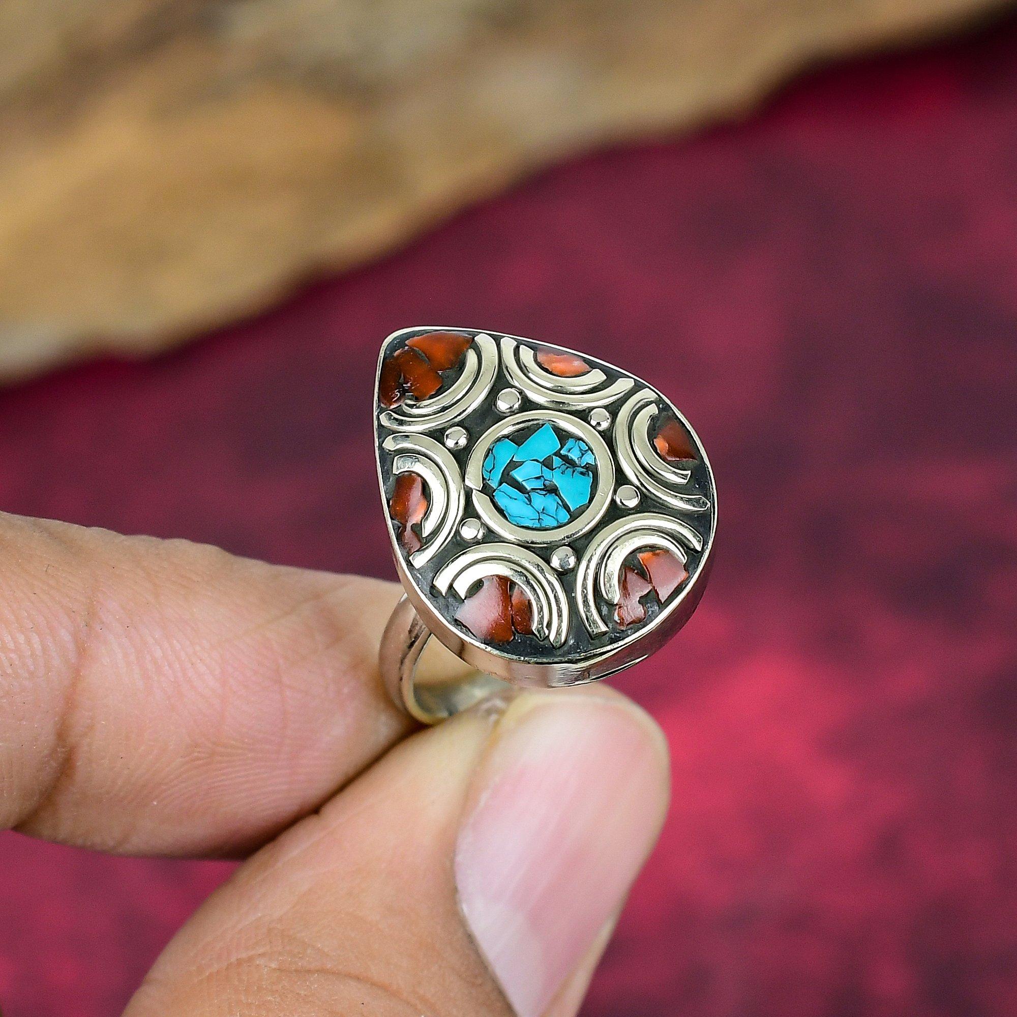 Blue Turquoise & Coral Solid Sterling Silver Nepali Ring, Handmade Gemstone Ring Jewelry, Gifts For Mother Brand New Adjustable Ring