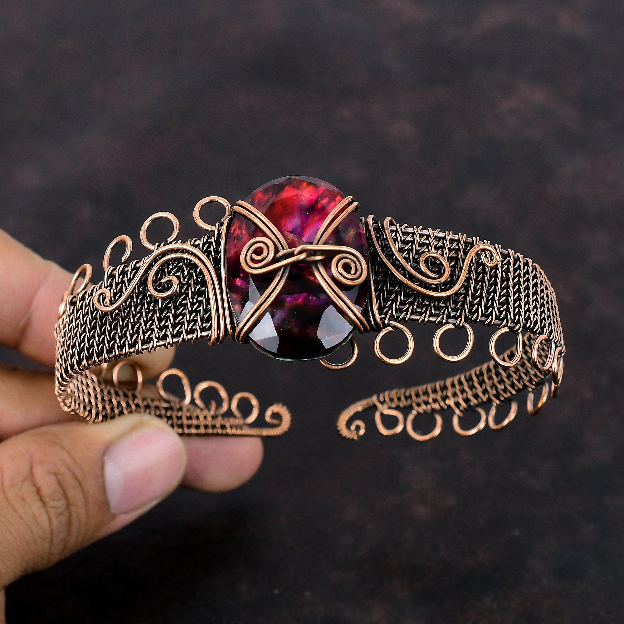 Faceted Ammolite Gemstone Cuff Bracelet Copper Wire Wrapped Bangle Adjustable Cuff Handmade Jewelry Women Bangle Copper Jewelry Gift For Him