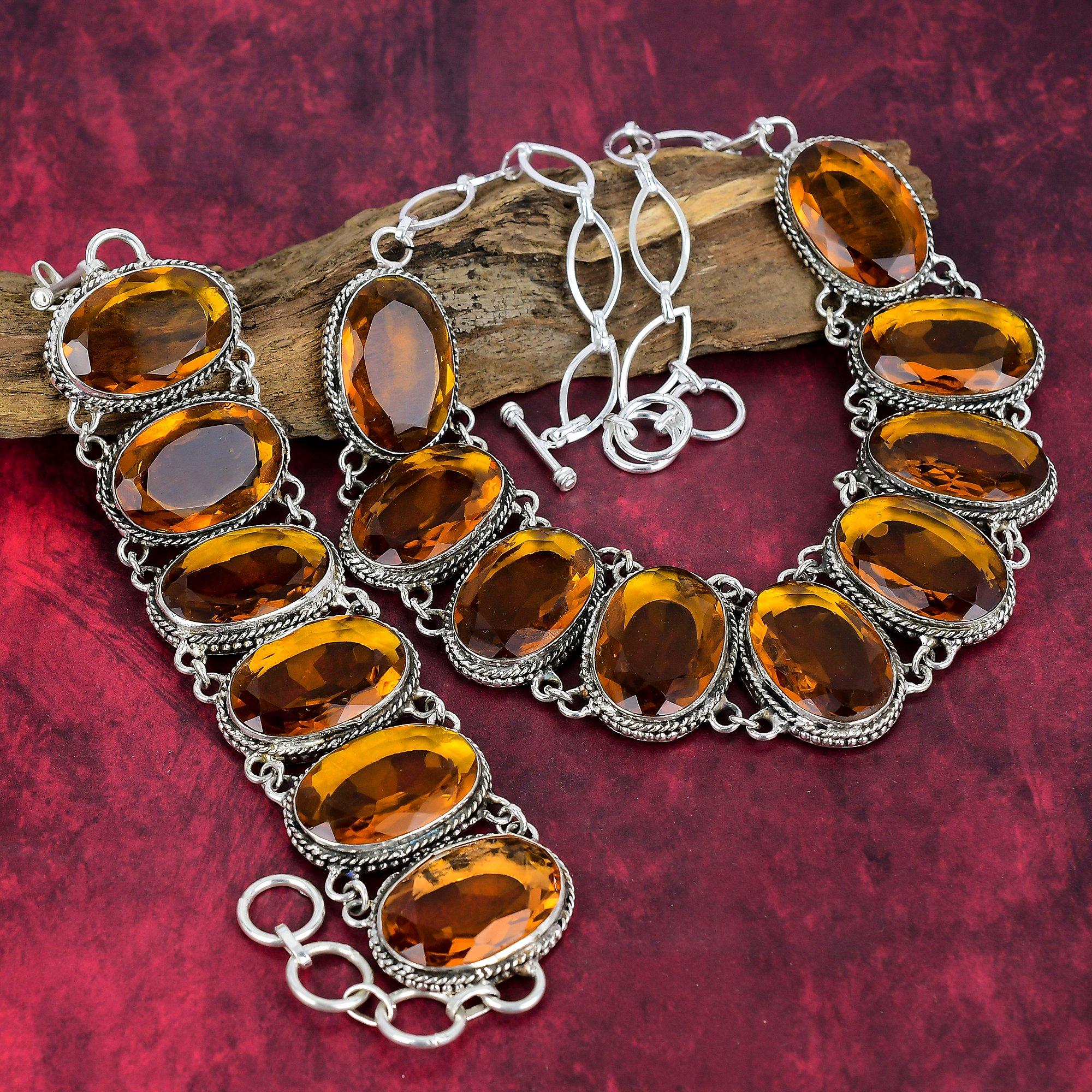 Charming Citrine Gemstone Jewelry Necklace & Bracelet Jewelry Set For Her, 925 Solid Sterling Silver Handmade Adjustable Jewelry For Women
