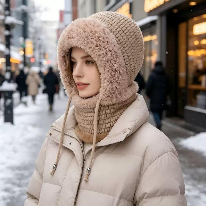 **Stor Hovedstørrelse Integreret Hue Kvinder Efterår Vinter Fleece Fortykket Ansigtsdækning Strikket Hue Halsedisse Maske Varm Pullover Balaclava**