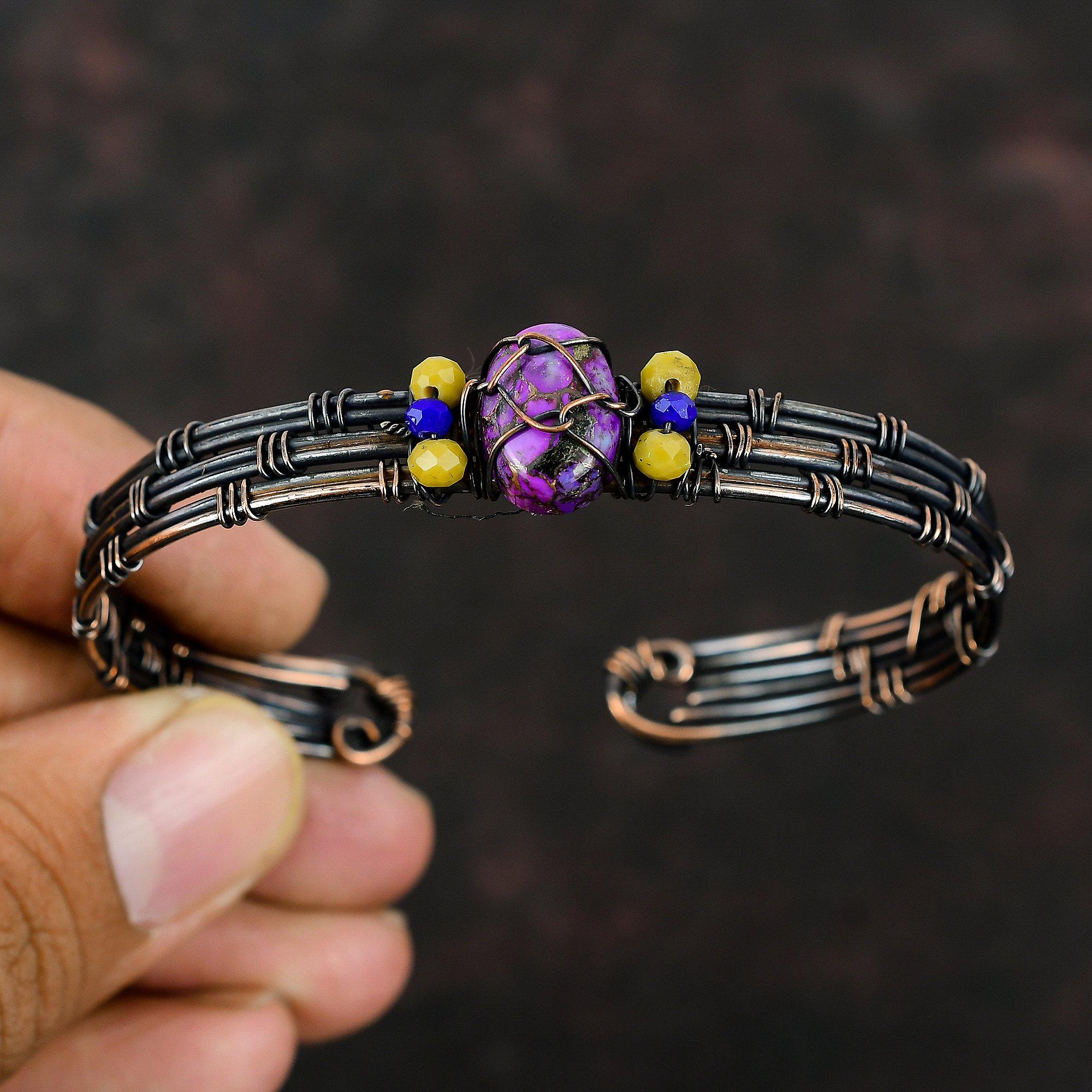 Copper Purple Turquoise Bangle Yellow Coral & Lapis Lazuli Beads Cuff Copper Wire Wrapped Jewelry Adjustable Bracelet Gemstone Handmade Cuff