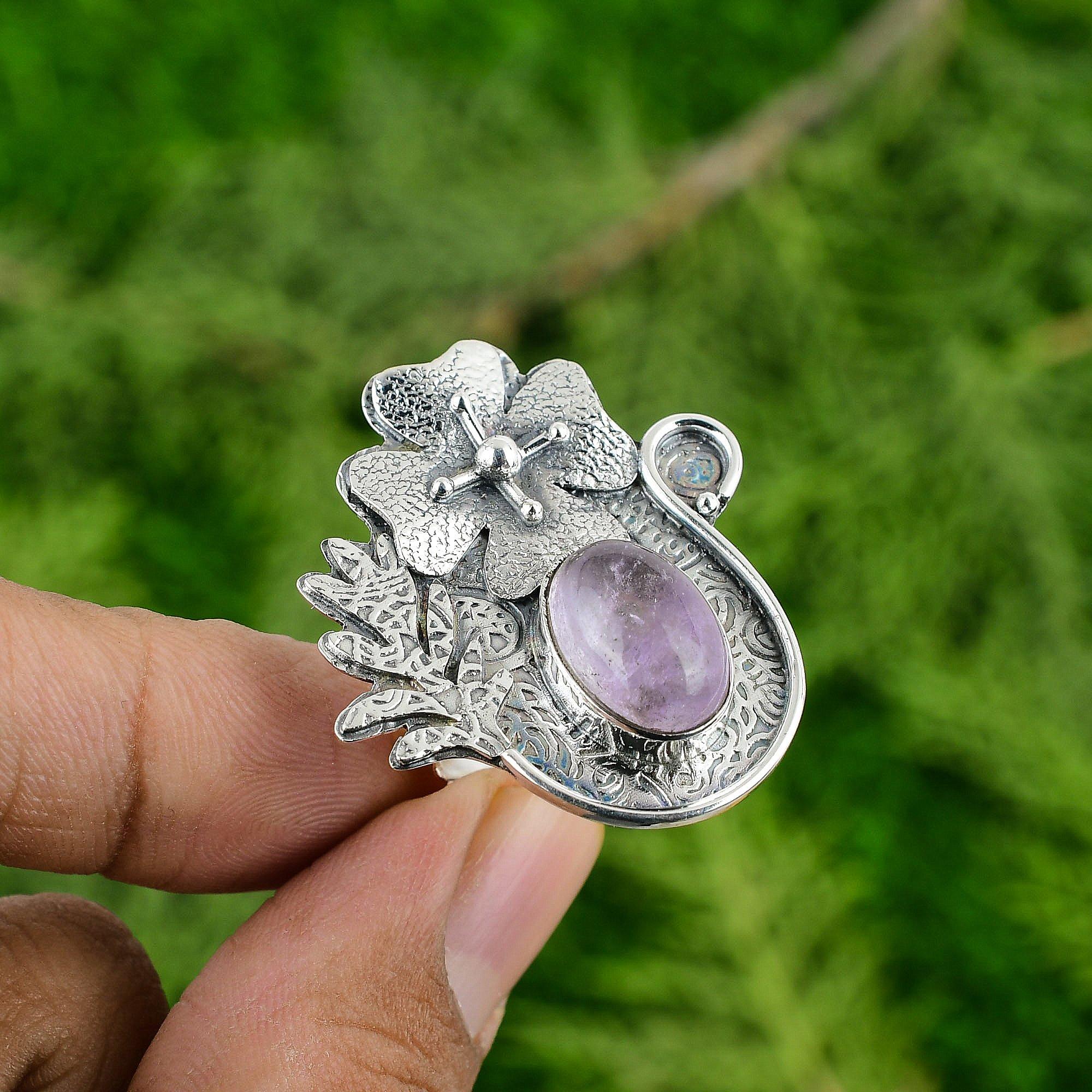 Natürlicher Afrikanischer Amethyst Edelstein Mehrstein Blume Verstellbarer Ring 925 Silber