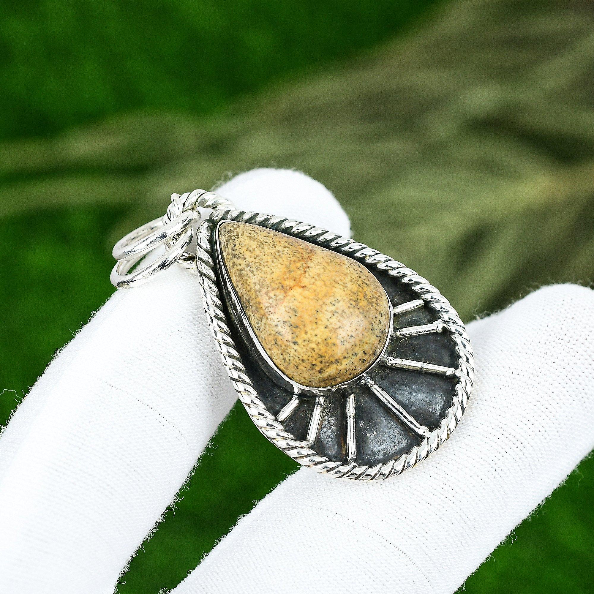 Natural Picture Jasper Gemstone Pendant Yellow 925 Sterling Silver Jewelry