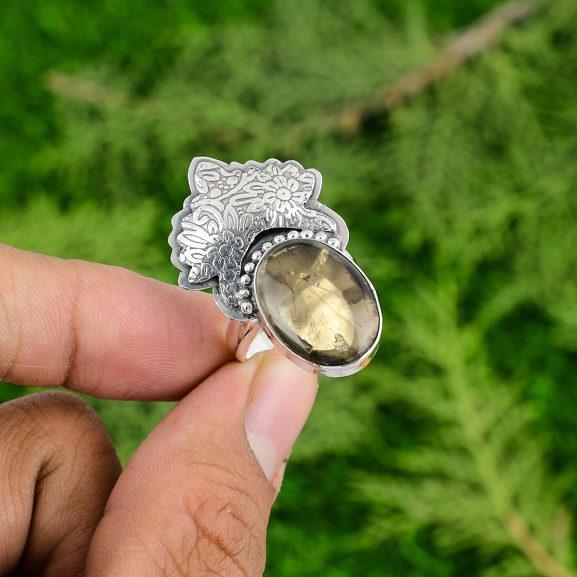 Mothers day Deal Natural Smoky Quartz Statement Ring Jewelry 925 Sterling Silver