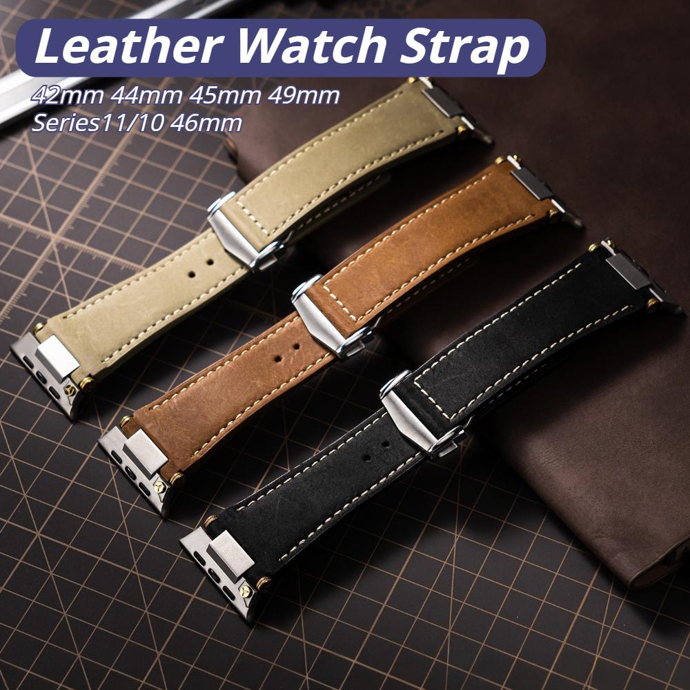 Leather Strap for Apple Watch Ultra 4 3 2 49mm Series 11 10 46mm Business Men Band for iWatch 9 8 7 45mm 6 5 4 Se 3 44mm Bracelet