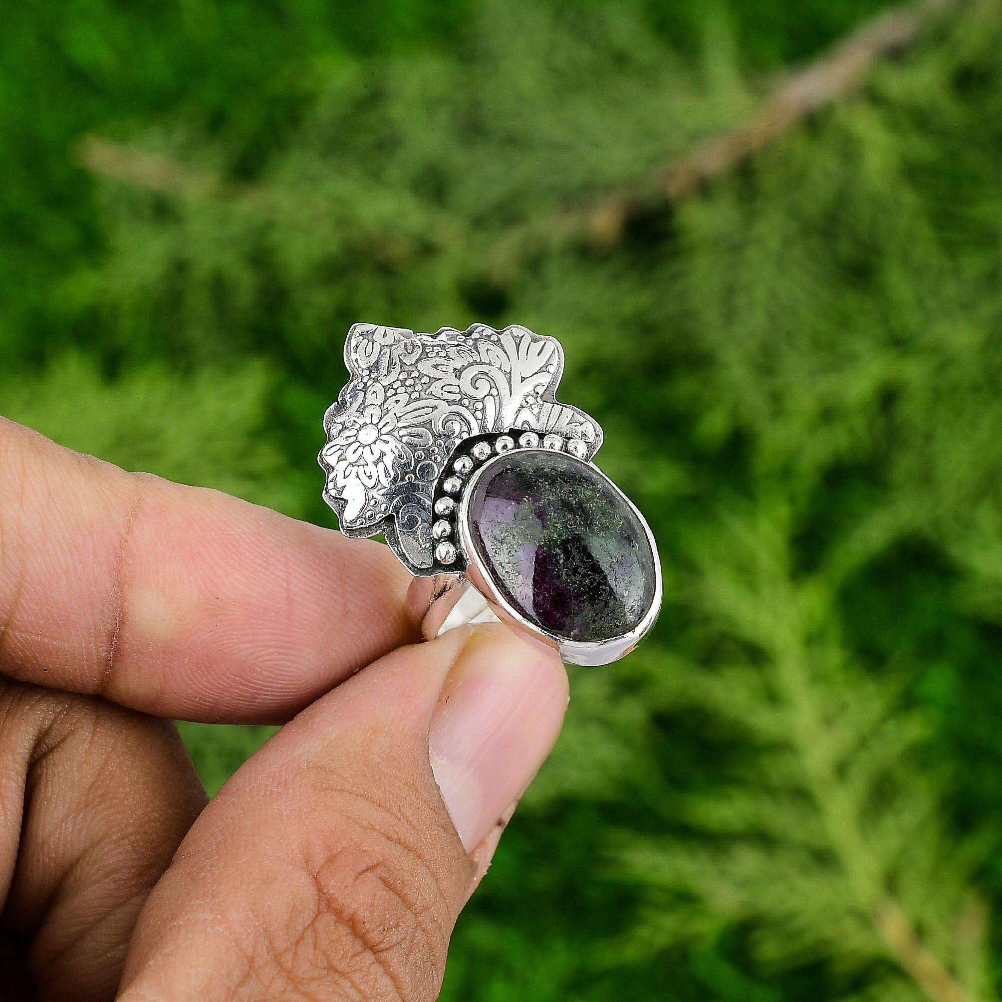 Mothers day Sale 925 Sterling Silver Ruby Zoisite Stone Solitaire Wife Ring