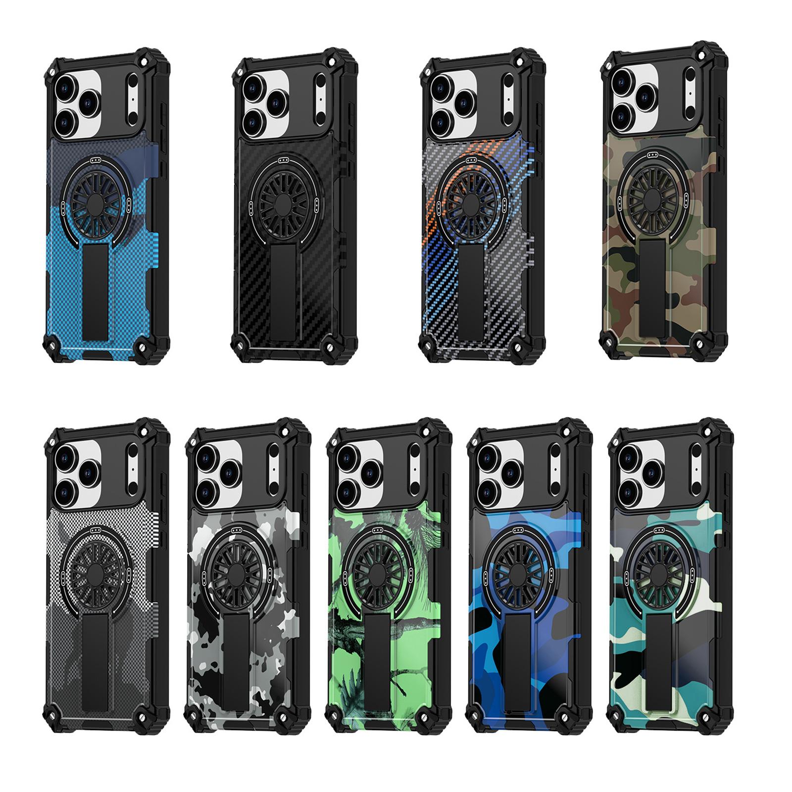 Painting Army Camouflage Carbon Fiber Magnetic Bumper Phone Case With Kickstand For iPhone 17 16 15 Pro Max Samsung S25 S24 A56 Hard Protective Cover