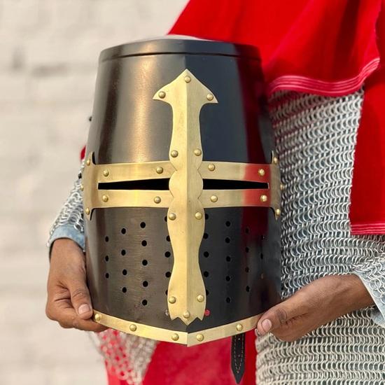 Black Knight Templar Crusader Helmet Medieval Great, Larp And Cosplay Helmet Handmade Steel Brass Best Gift For Him