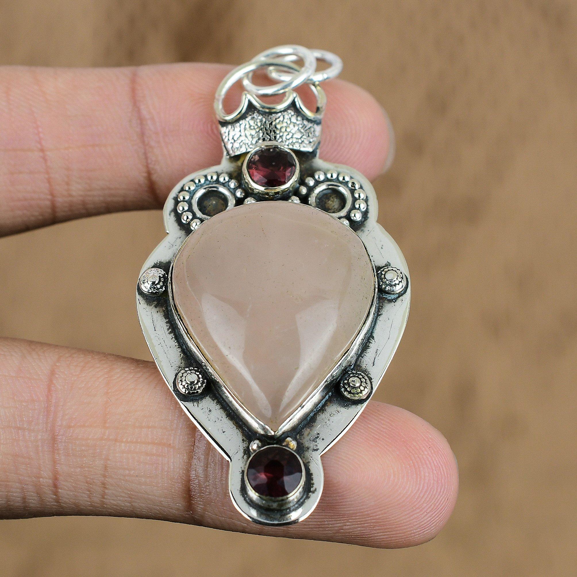 Heart Chakra Rose Quartz Stone Rubellite Sterling Silver Birthday Wife Pendant