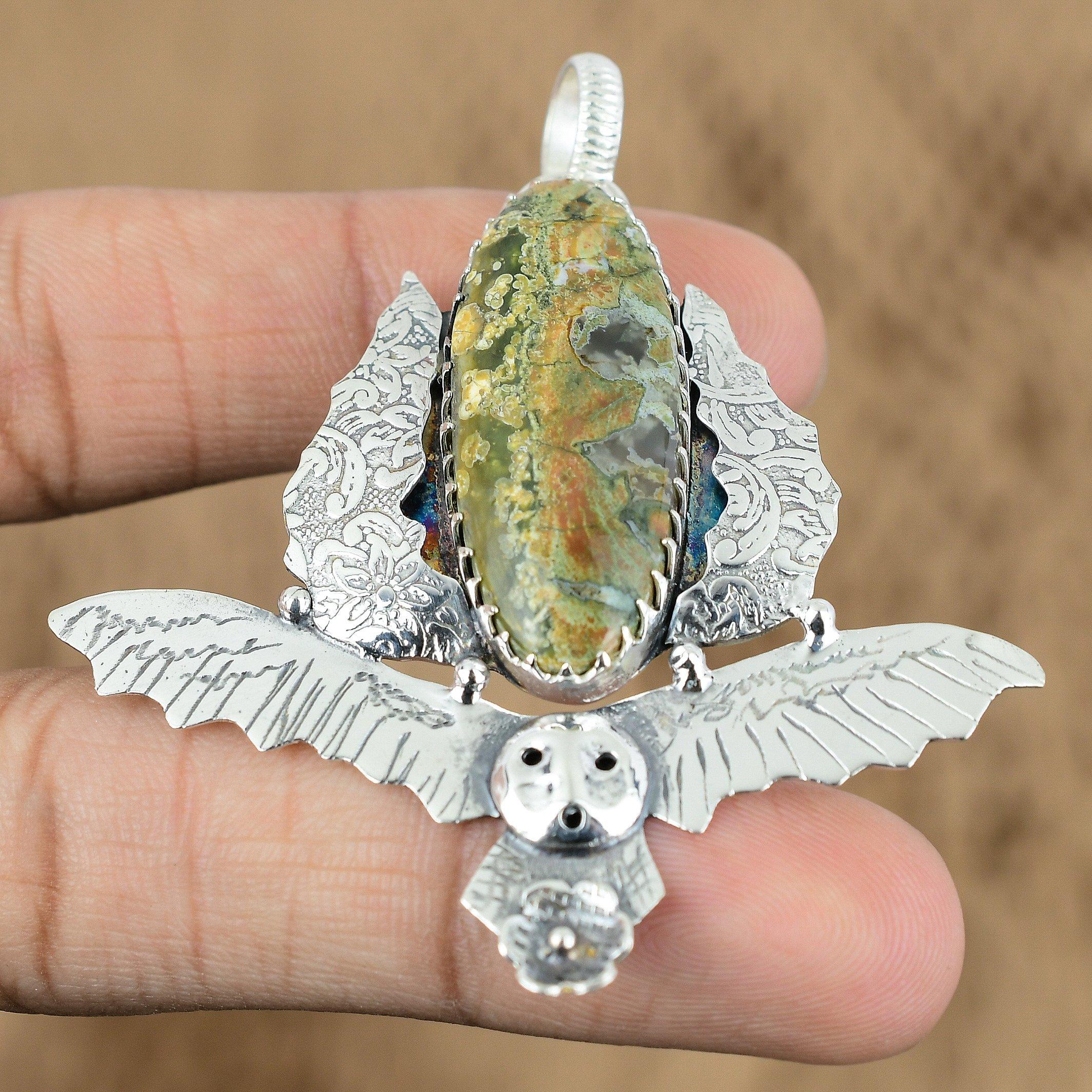 Natural Rainforest Jasper Gemstone Pendant Owl 925 Sterling Silver Jewelry