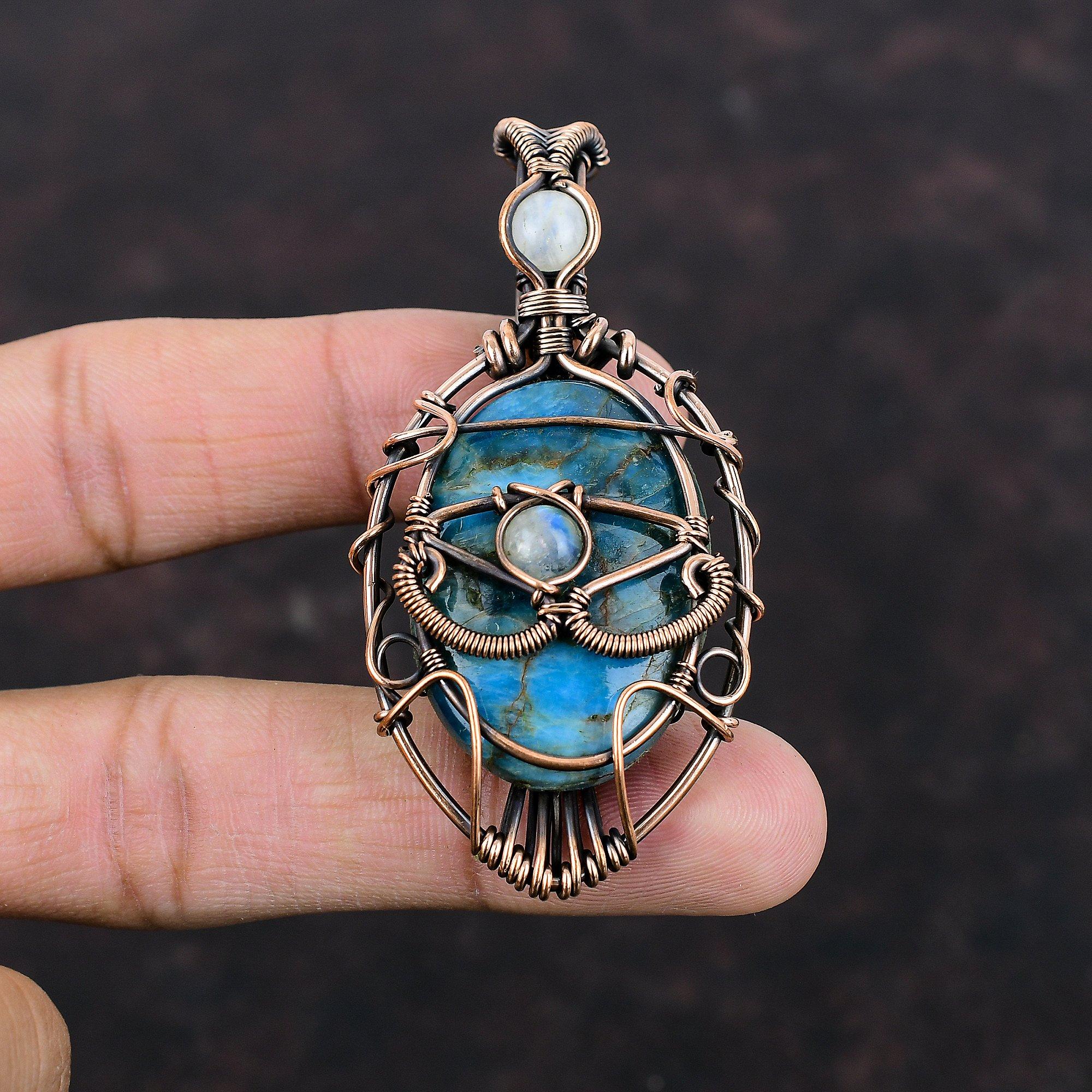 Pingente de apatita neon com mau-olhado, fio de cobre enrolado, joia artesanal, pingente de pedra da lua arco-íris, joia de cobre, pingente de pedra preciosa natural