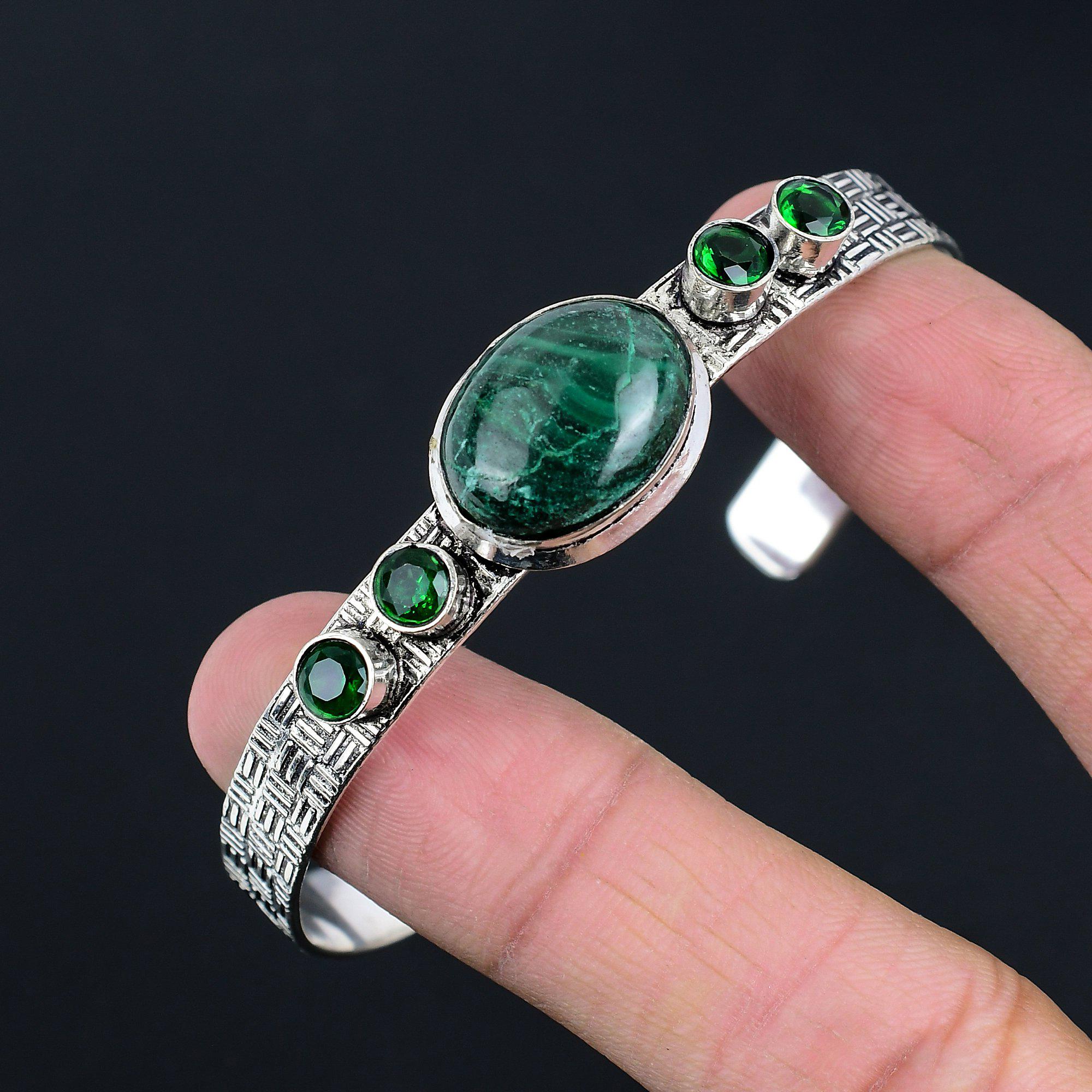 Bracelet Bohème en Argent Sterling 925 avec Pierre Précieuse Malachite Ovale et Diopside Chrome