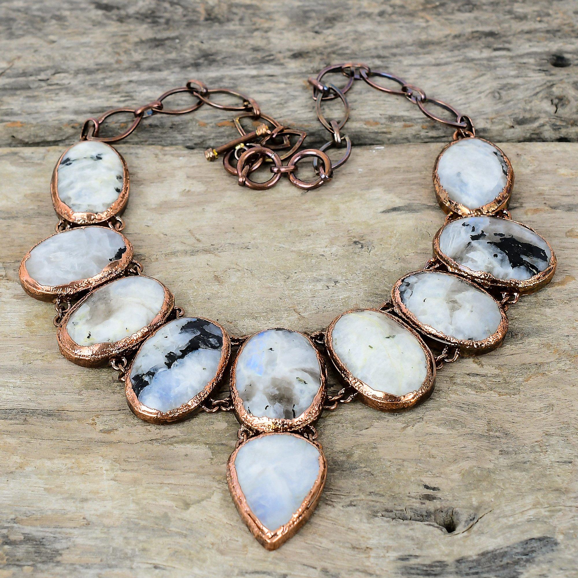 Rainbow Moonstone Necklace Electroformed Copper Necklace Adjustable Chain Necklace Dainty Gemstone Necklace Handmade Copper Jewelry For Gift