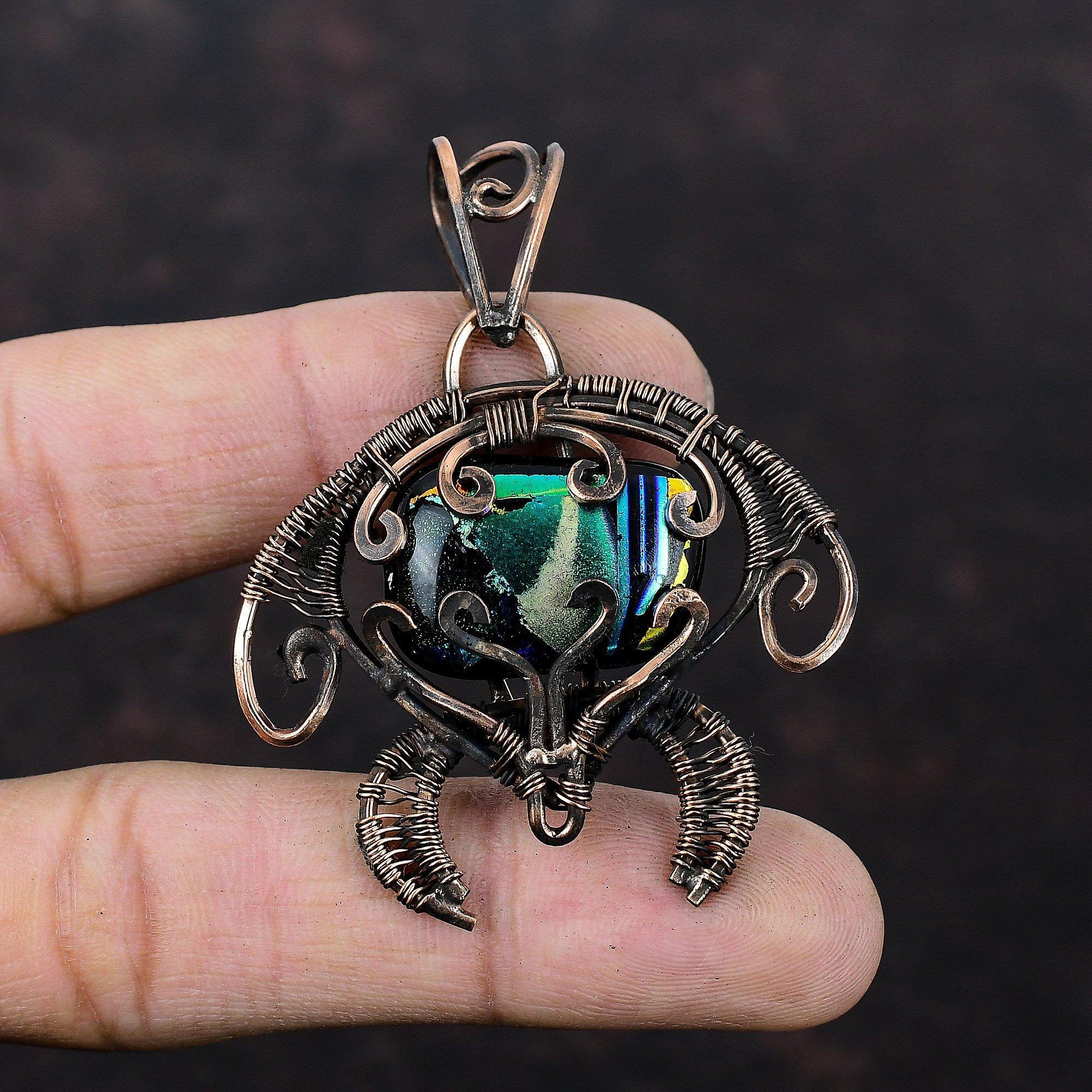 American Dichroic Glass Pendant Copper Wire Wrapped Pendant Real Gemstone Jewelry Tortoise Pendant Handmade Copper Wire Jewelry Gift For Him
