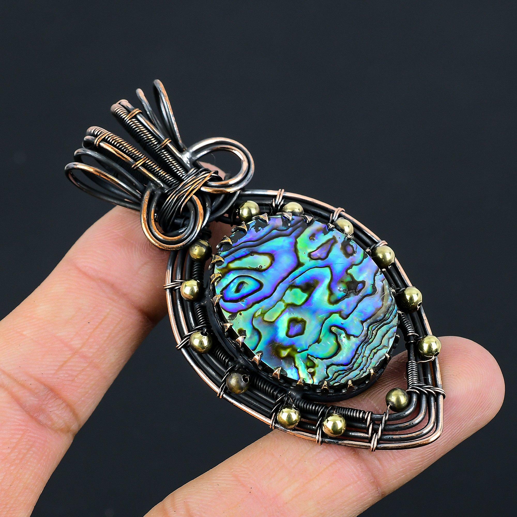 Abalone Shell Gemstone Pure Copper Wire Wrapped Handmade Jewelry Pendant For Her