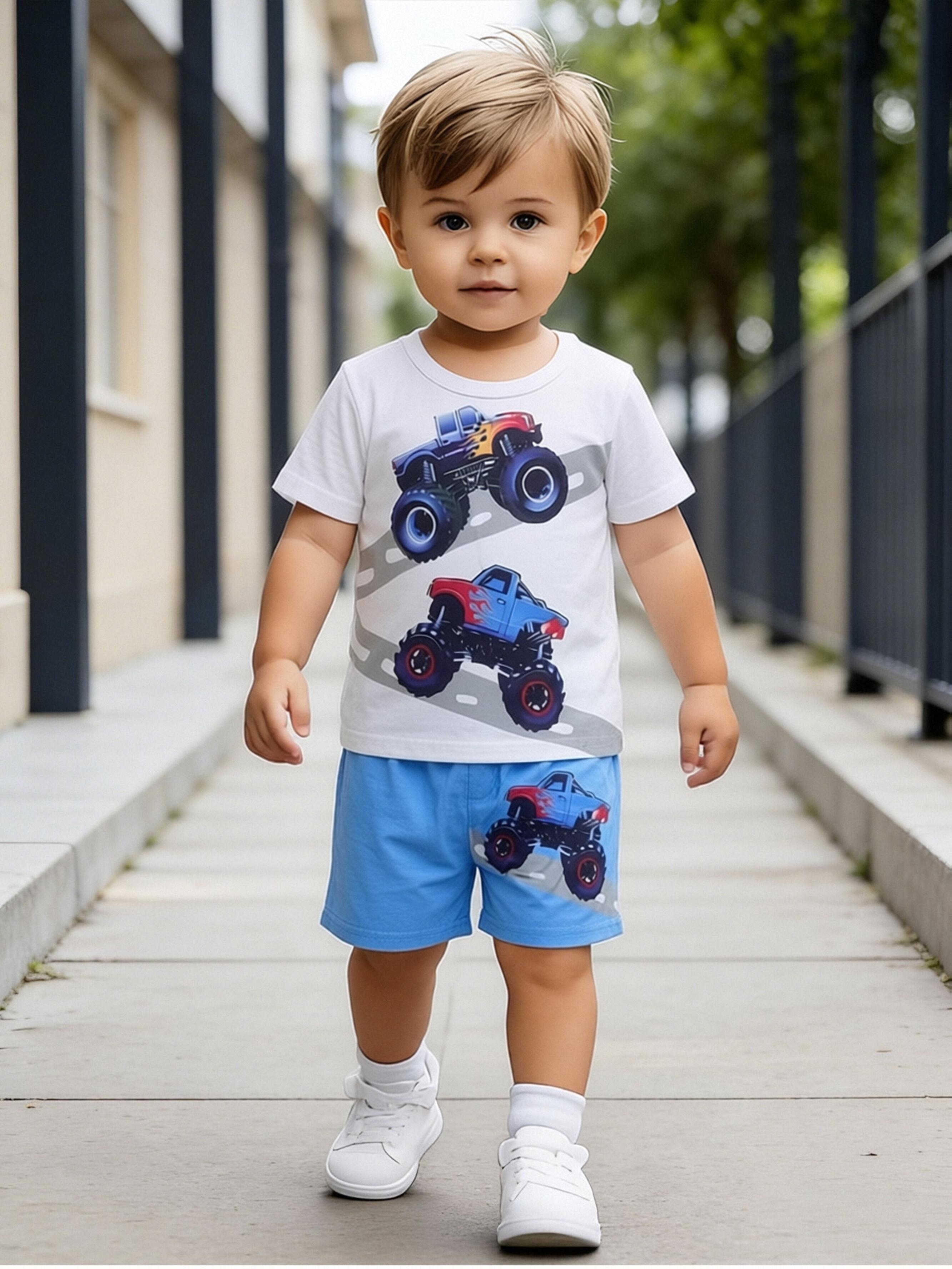 Completo Estivo a 2 Pezzi per Bambini Maschi, Veicolo Fuoristrada Fresco, Abbigliamento Estivo per Bambini, Perfetto per Giocare e All'Aperto