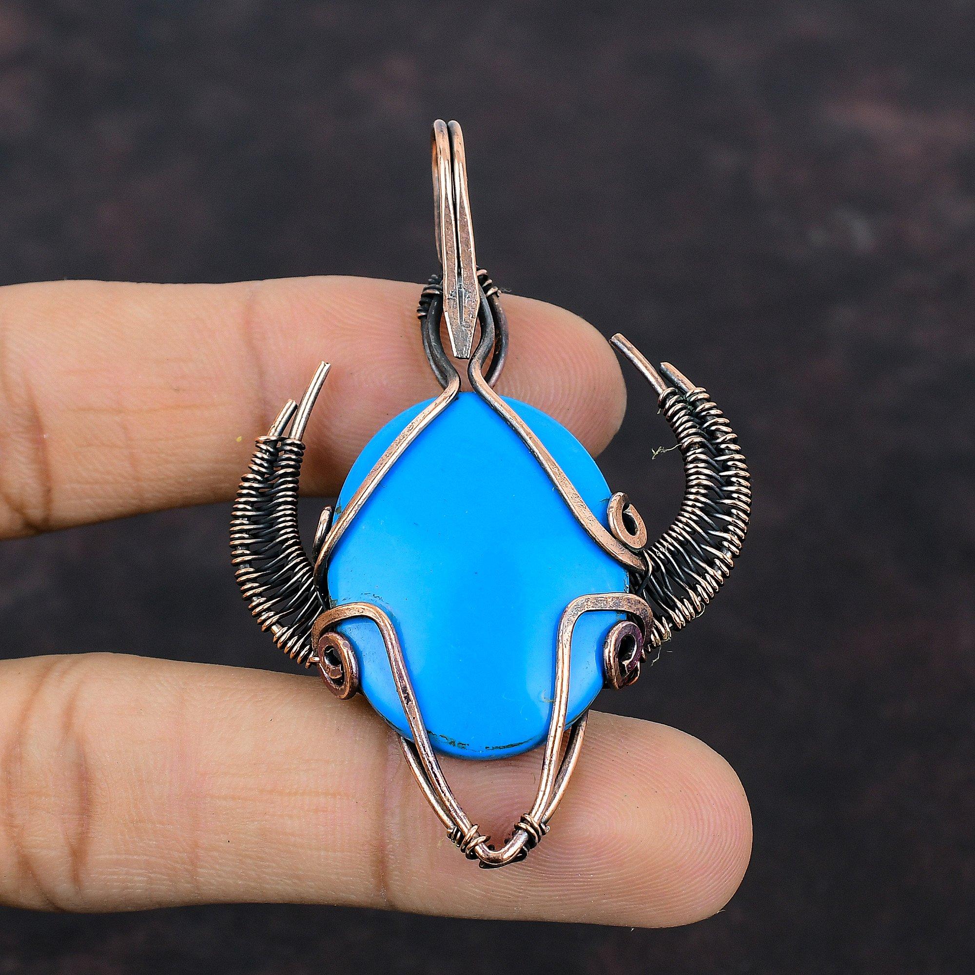 Sleeping Beauty Turquoise Pendant Copper Wire Wrapped Jewelry Bull Face Shape Pendant Handmade Gemstone Pendant Copper Pendant Gift For Wife