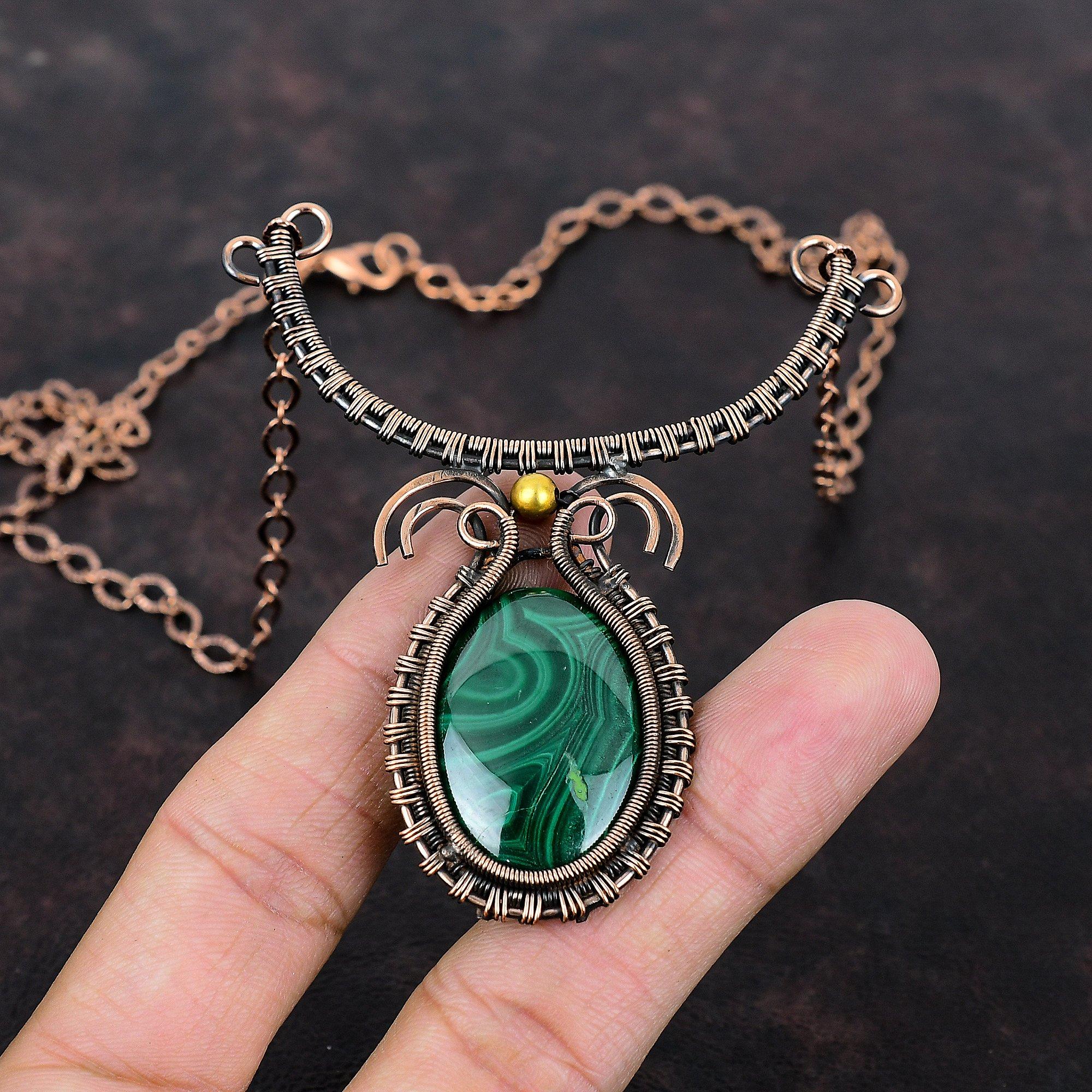 Malachite Necklace Copper Wire Wrapped Necklace Handmade Dainty Necklace Wire Wrap Jewelry Adjustable Chain Necklace Copper Gemstone Jewelry