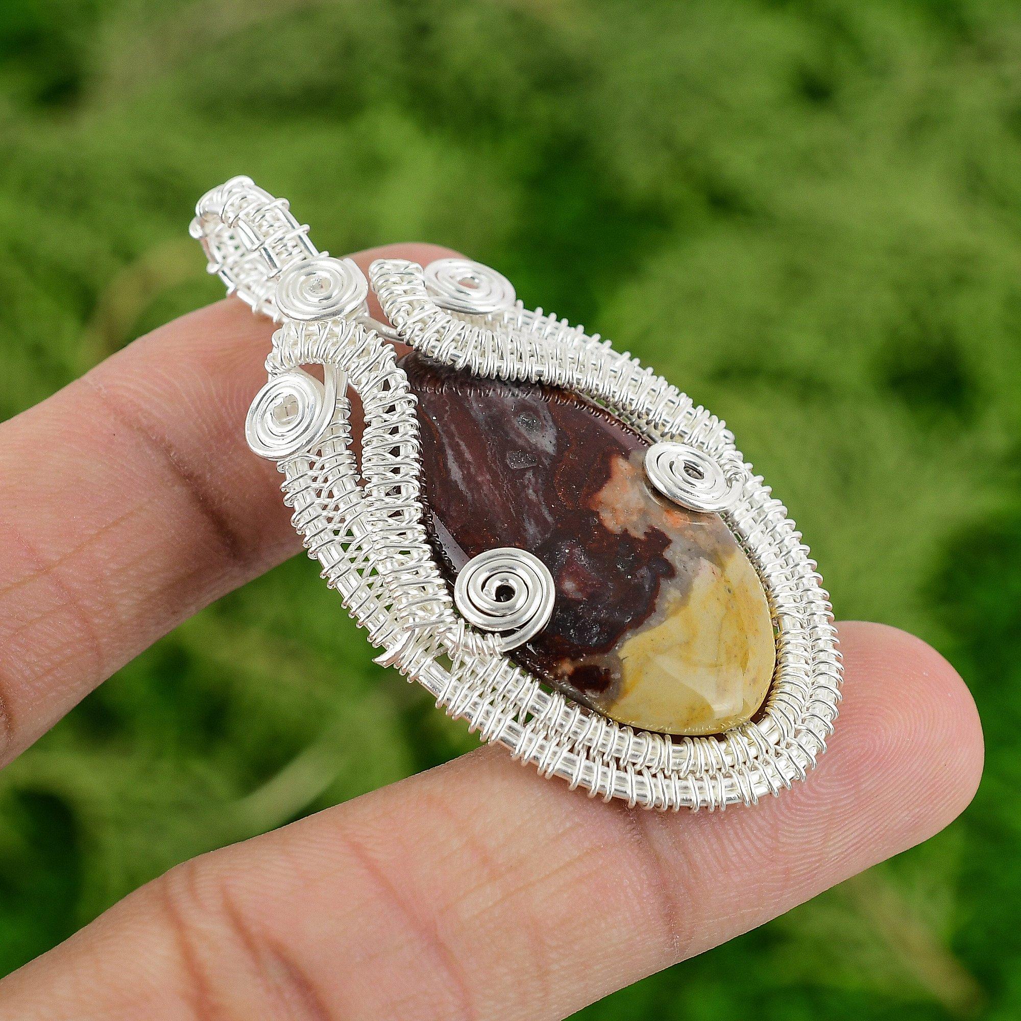 Sterling Silver Oval Natural Mookaite Trendy Wire Wrapped Unique Mother Pendant