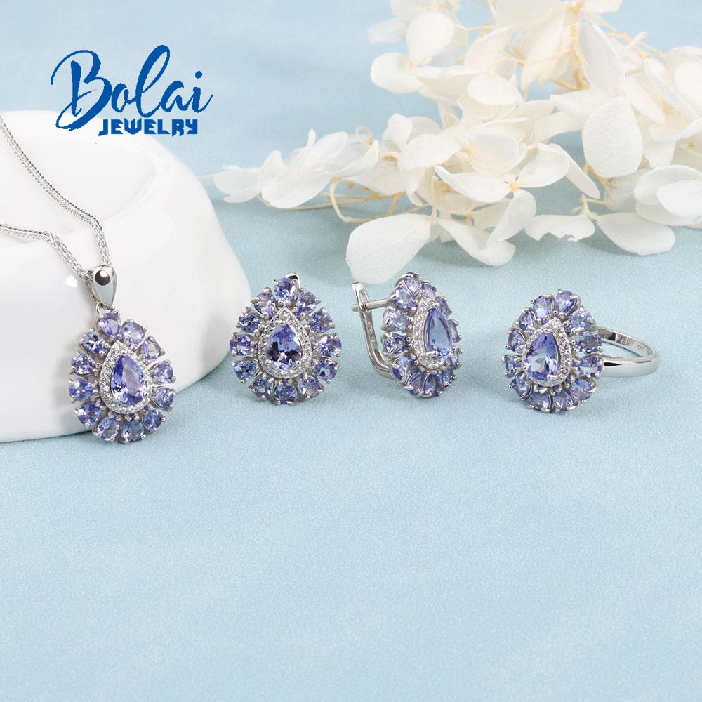 Bolaijewelry 2023 Новый натуральный синий танзанит, кольца, серьги, ожерелье, комплект ювелирных изделий, серебро 925 пробы, настоящие драгоценные камни для женщин, жены, хороший подарок