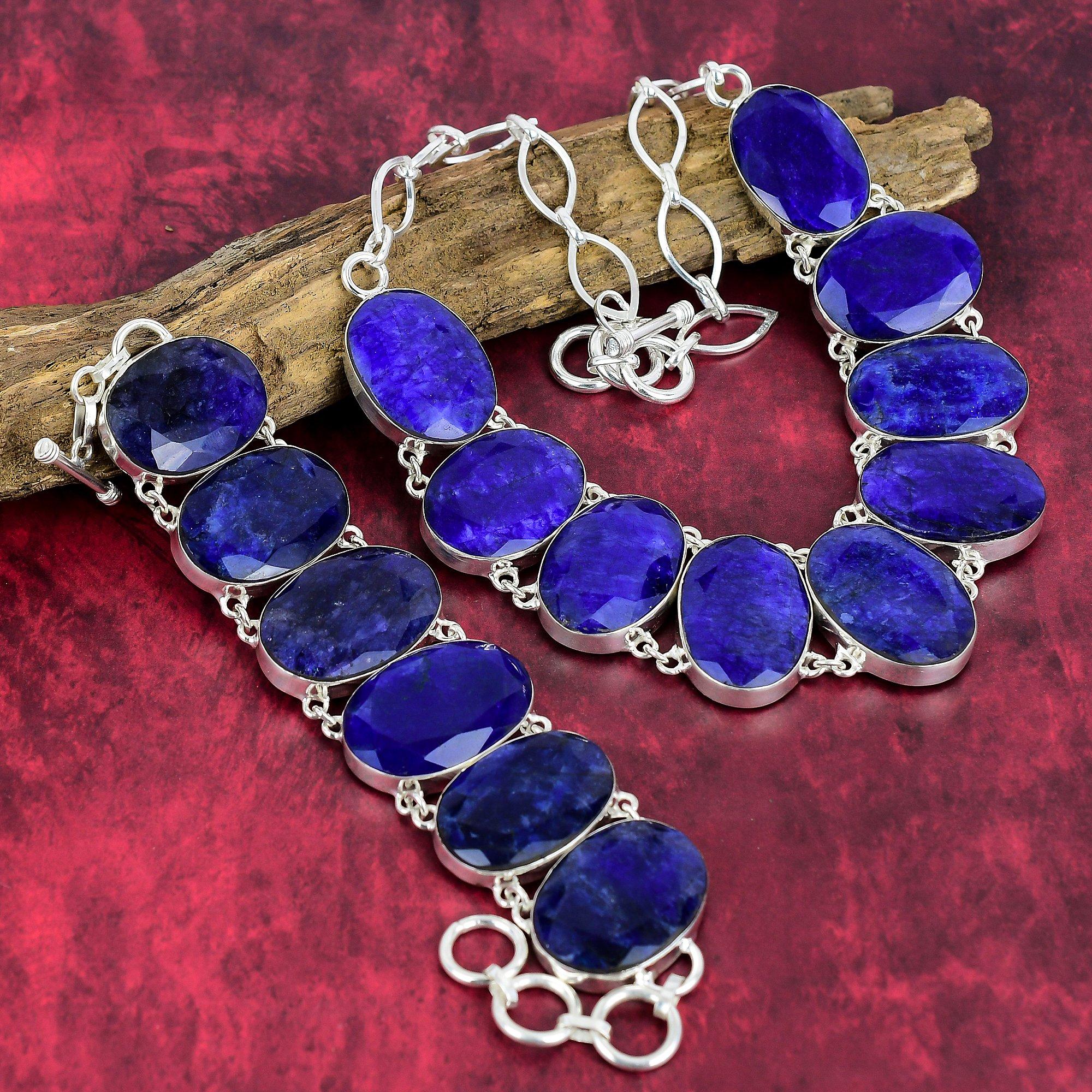 Burmese Blue Sapphire Bracelet & Necklace Jewelry, AAA+Gemstone, 925 Solid Sterling Silver Jewelry, Handmade Sapphire Jewelry, Women's Special Gift