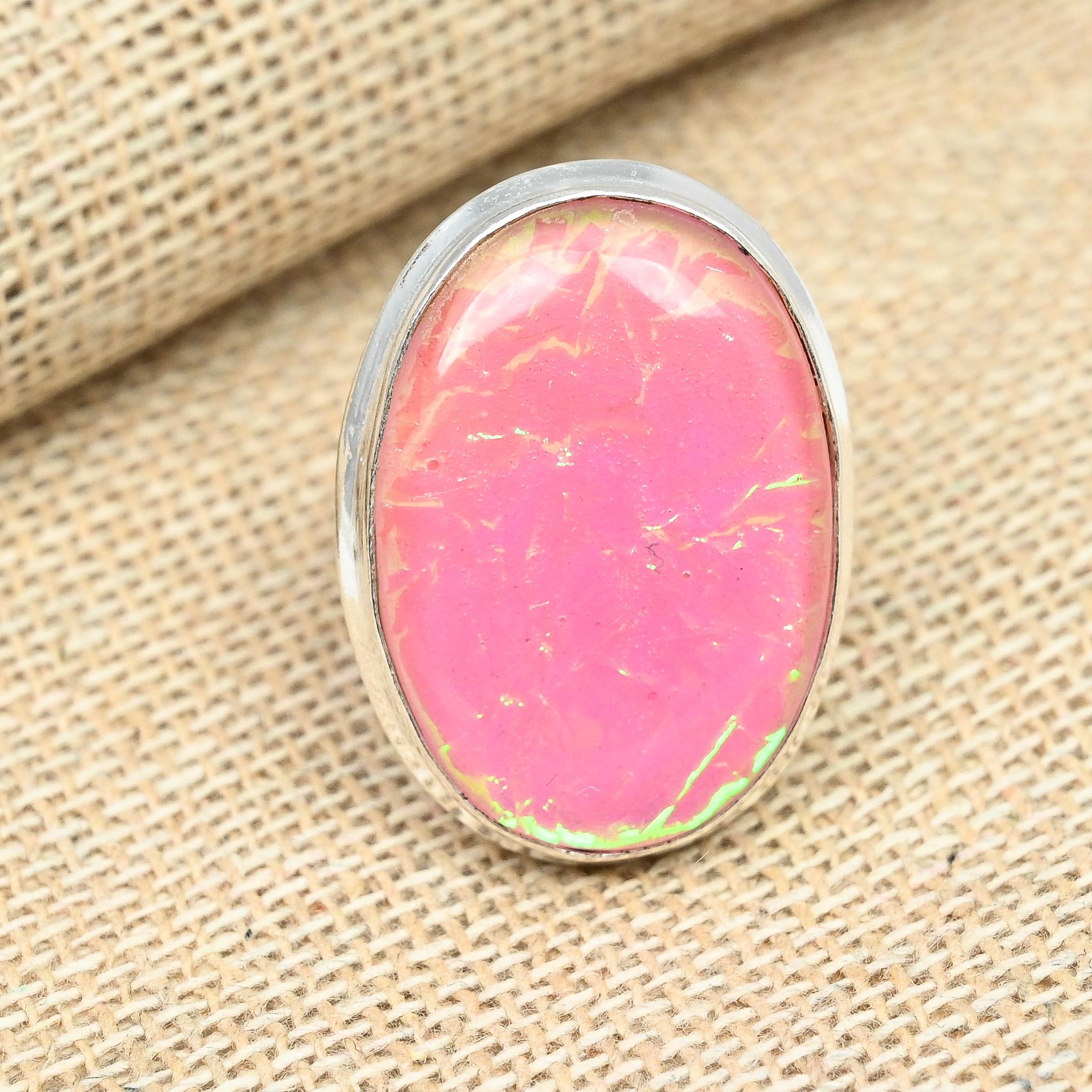 Rosa australischer Triplet-Opal-Edelstein, massiver Schmuck aus 925er Sterlingsilber, fantastischer Ring