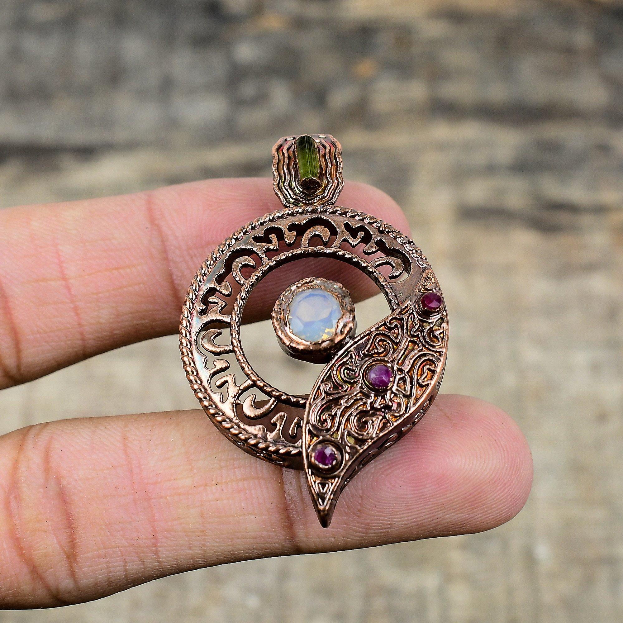 Pandantiv cu opal lăptos cu fațete Pandantiv cu turmalină roz și verde Pandantiv din cupru electroformat Pandantiv cu pietre prețioase reale, realizat manual, bijuterii electroformate