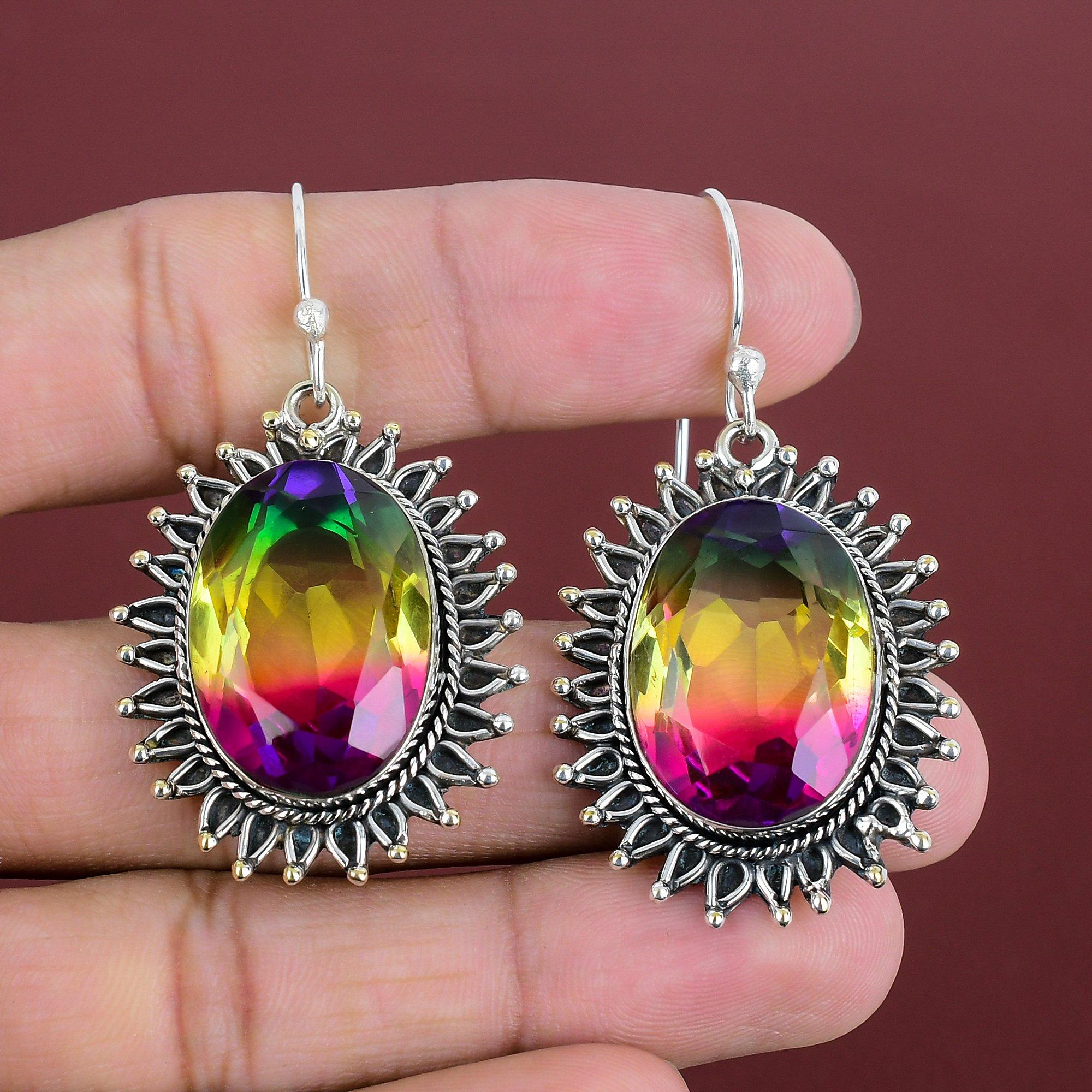Faceted Multi Tourmaline Earring Genuine Gemstone Earring 925 Sterling Silver Earrings Handmade Jewelry Unique Design Earring Gifts For Wife