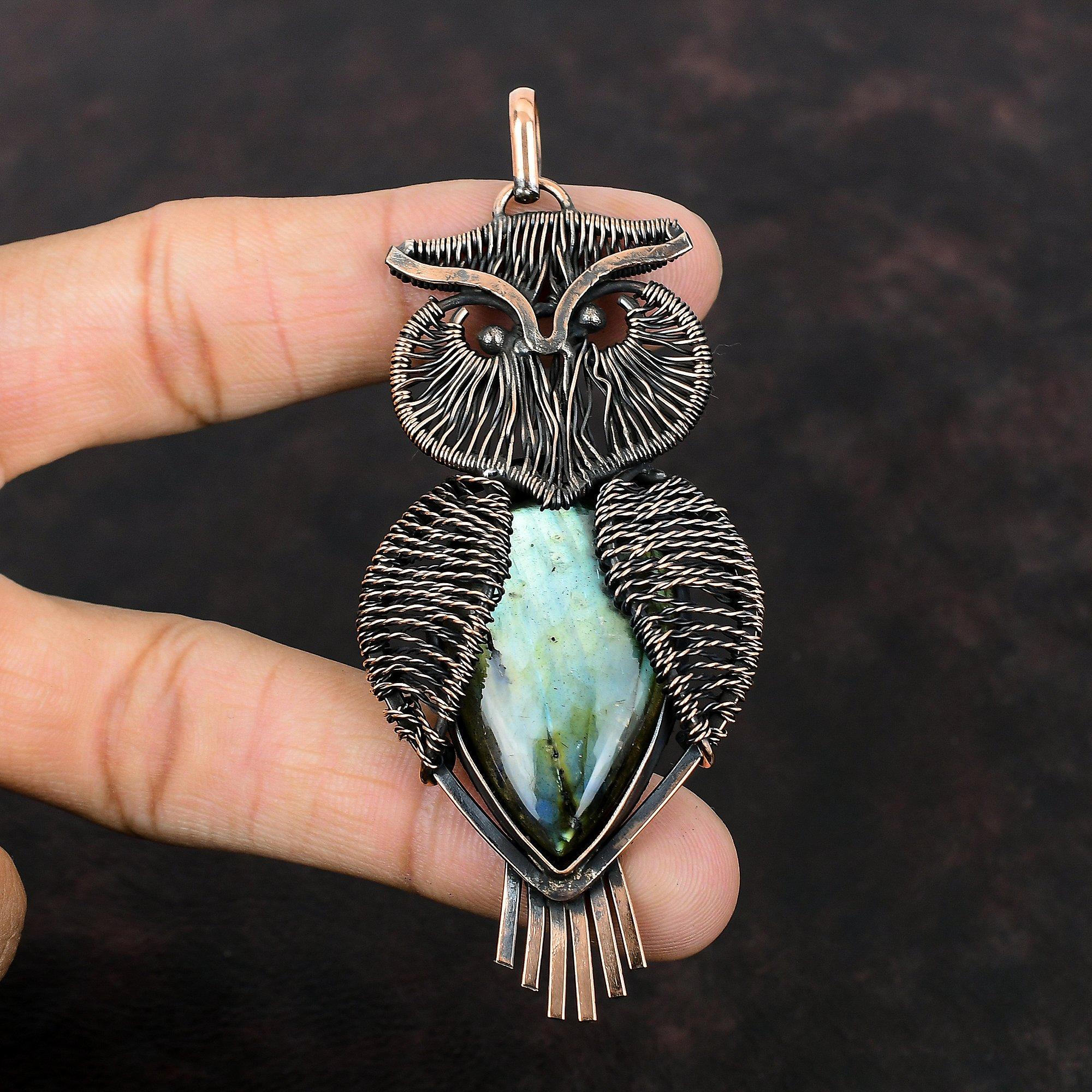 Labradorite Pendant Copper Wire Wrapped Pendant Gemstone Copper Jewelry Owl Pendant Designer Pendant Wedding Gift Handmade Wire Wrap Jewelry