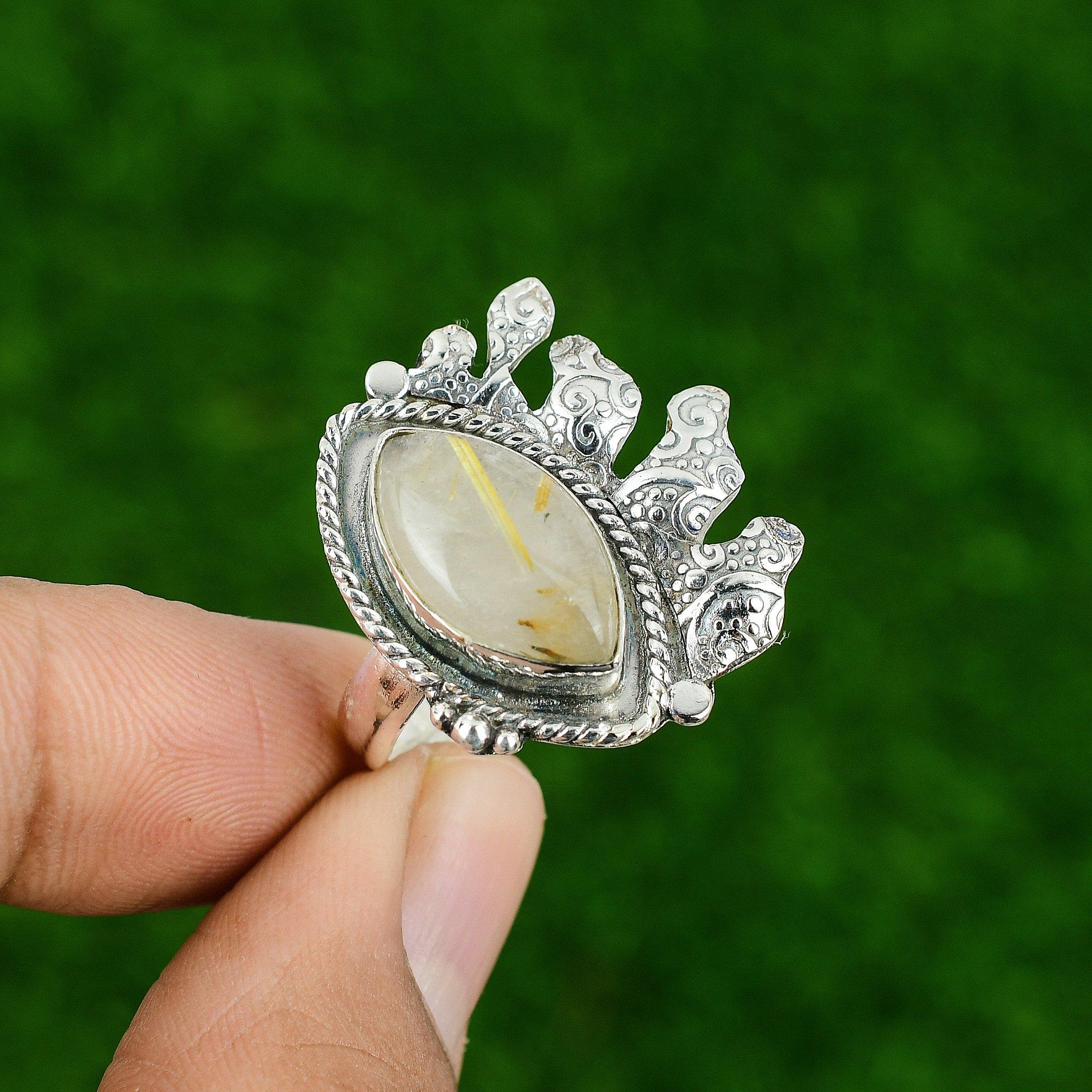 Gift For Her 925 Silver Natural Golden Rutile Multi Stone Adjustable Ring