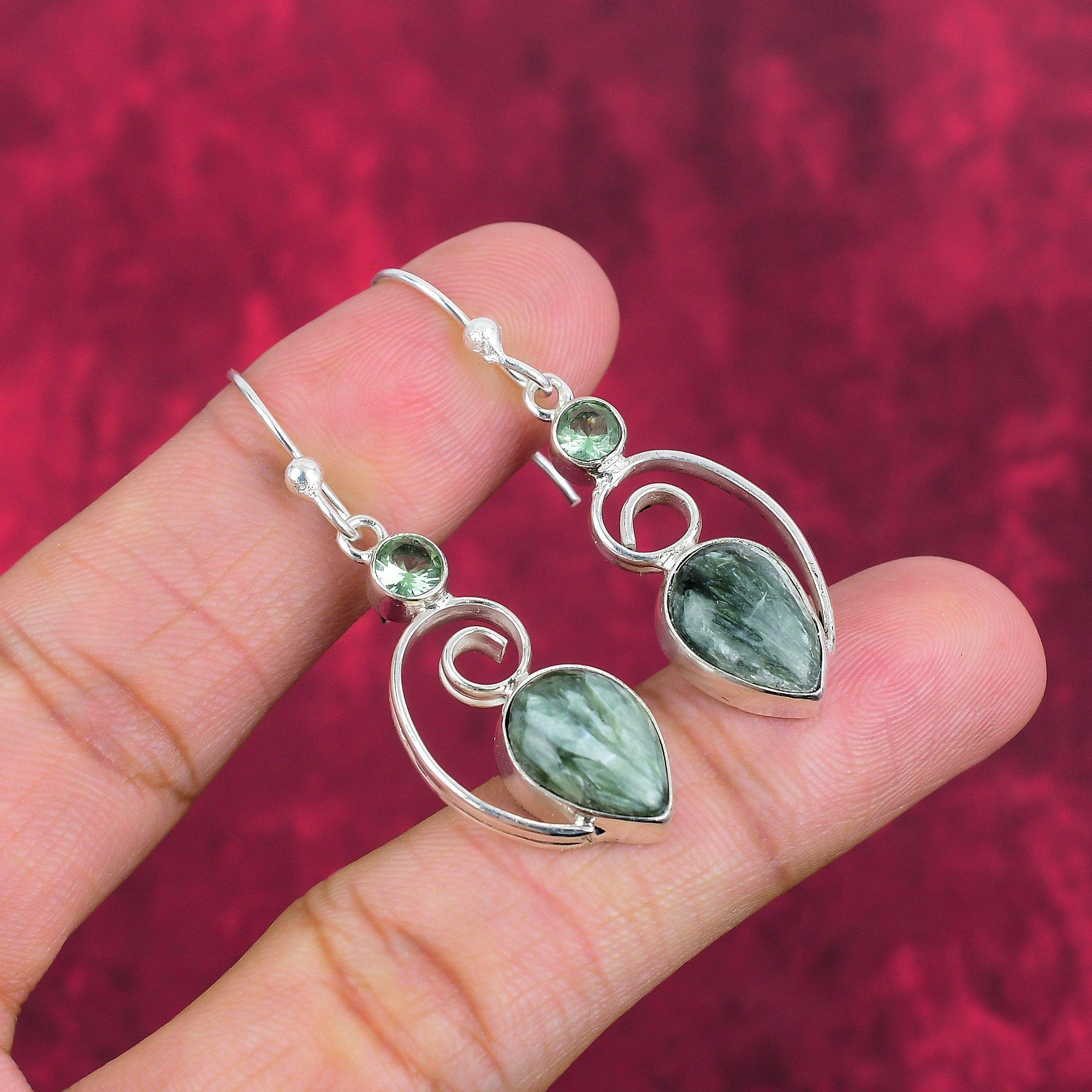 Seraphinite, cercei cu ametist verde, bijuterii din pietre prețioase, cercei lucrați manual din argint 925 solid, bijuterii de ultimă generație