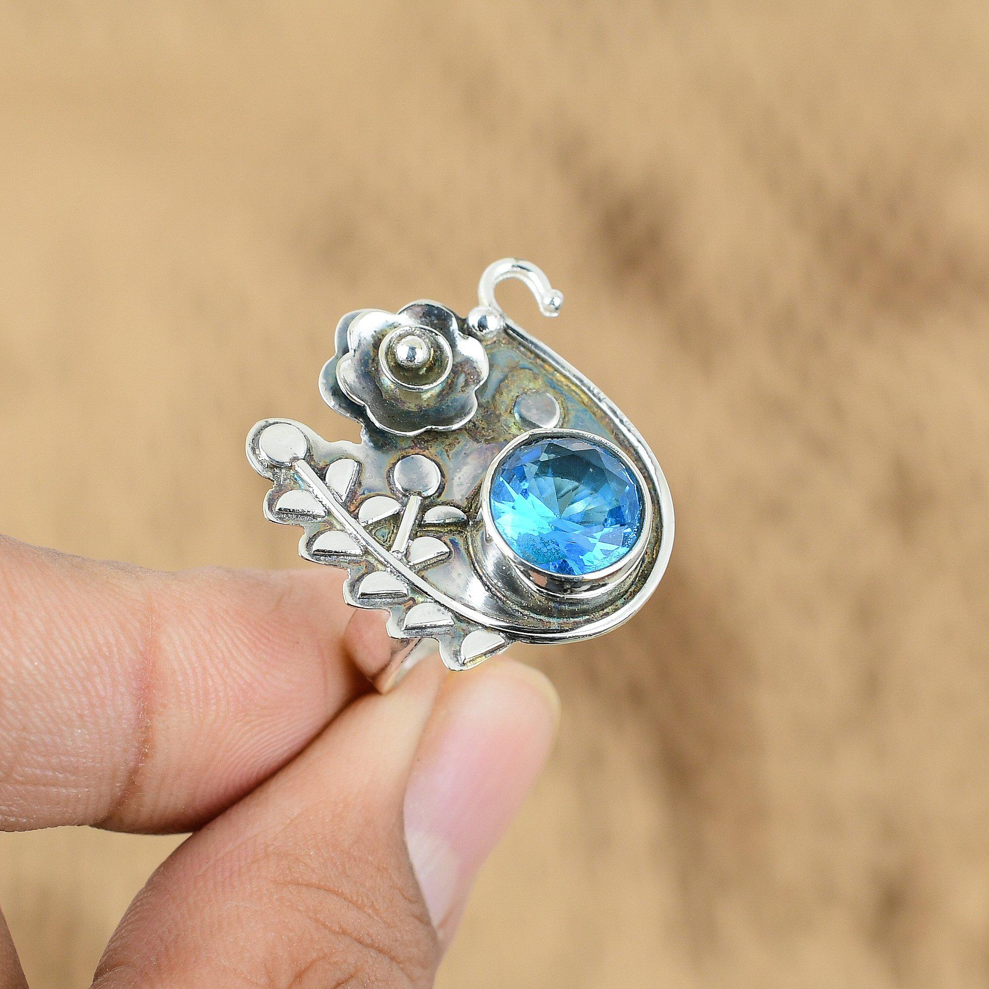 Mothers Day Deal Sterling Silver Round Swiss Blue Topaz Stone Flower Boho Ring