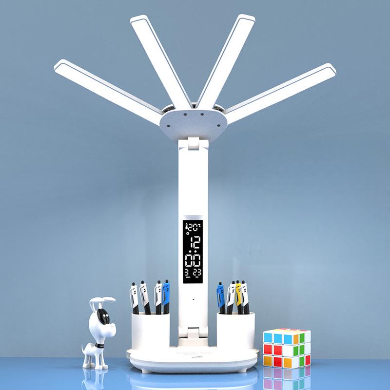 LED Desk Lamp USB Dimmable Touch Foldable Table Lamp with Calendar Temperature Clock Night Light for Study Reading Lamp