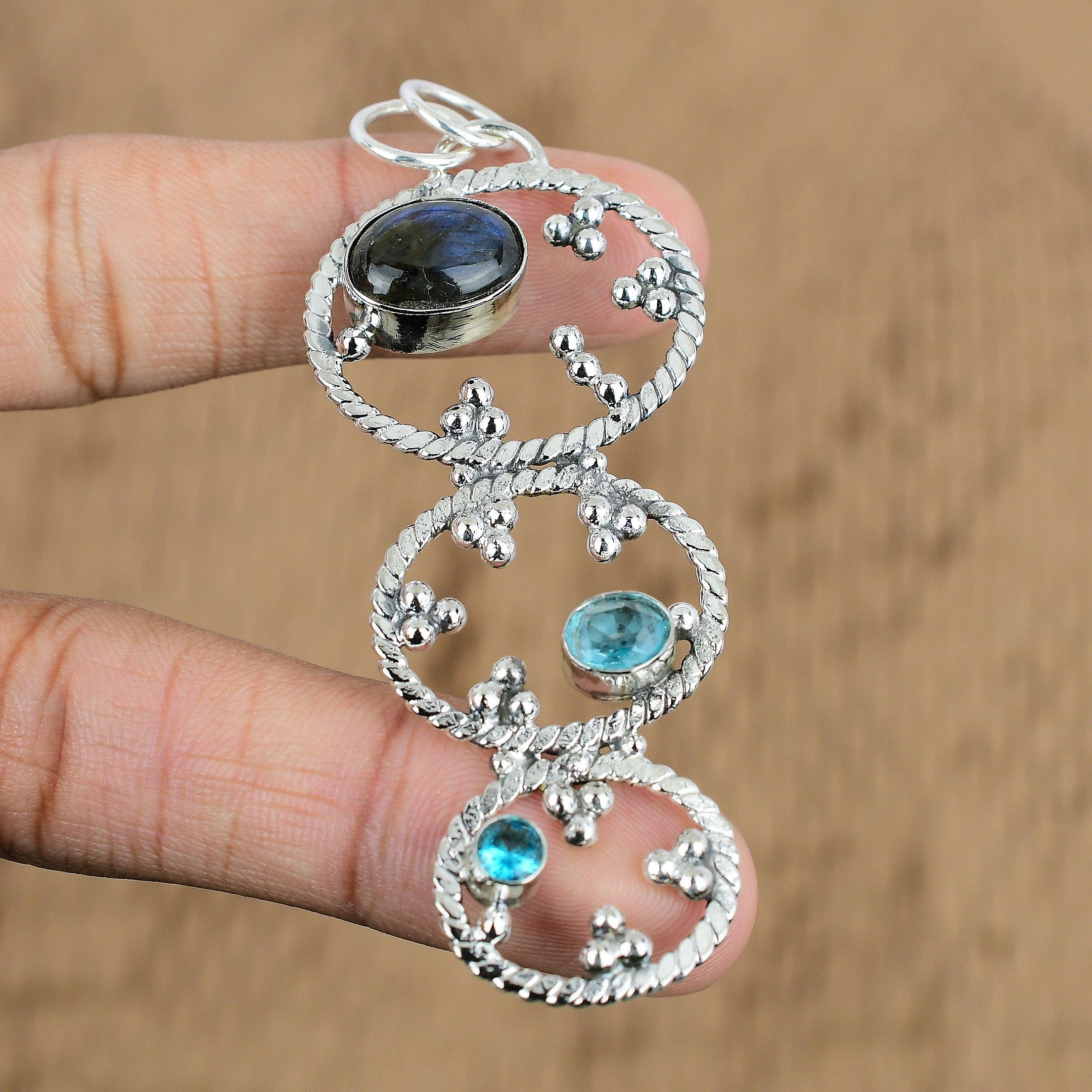 Natural Labradorite Gemstone Pendant Handmade 925 Sterling Silver Indian Jewelry