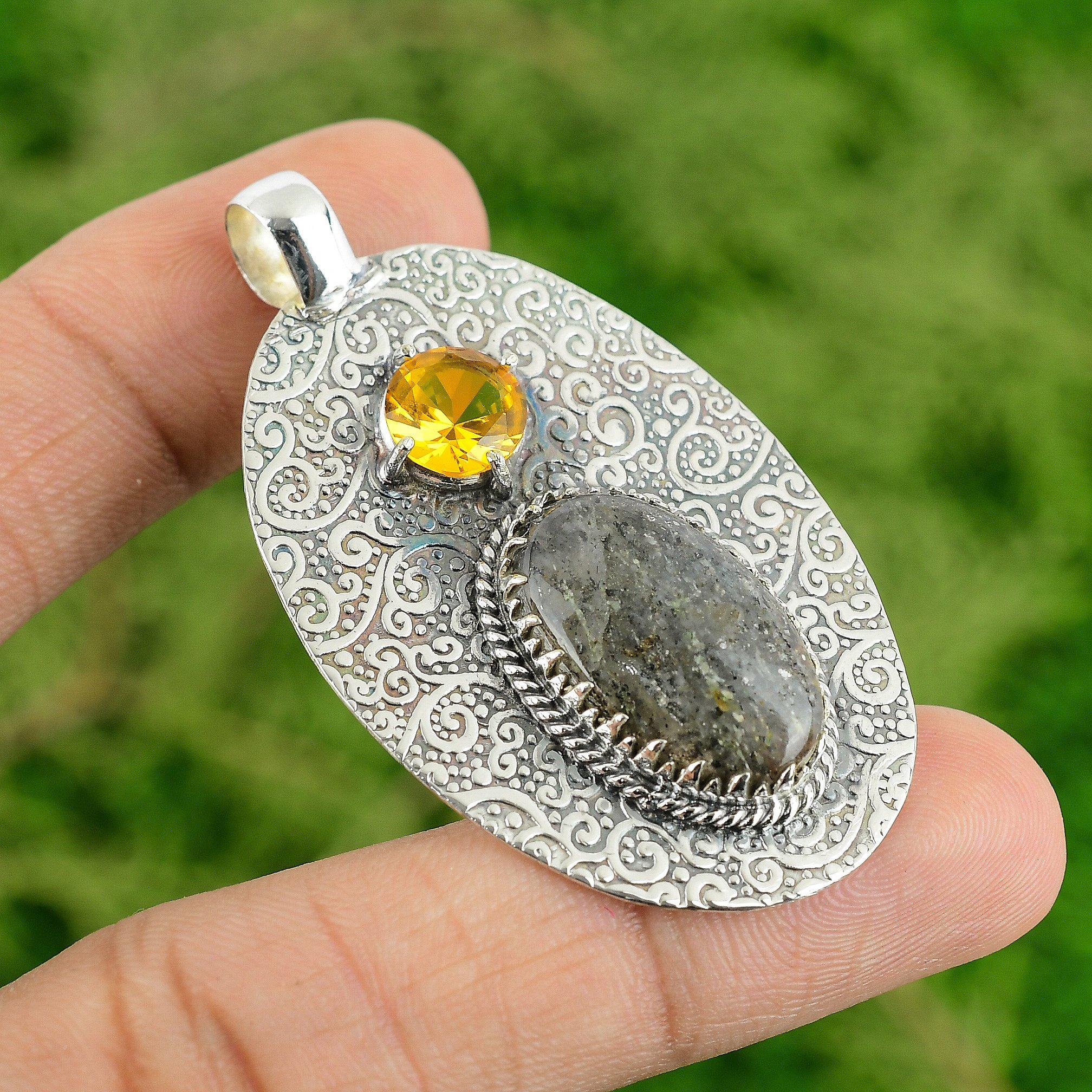 Daughters Day Sale Natural Black Sunstone Citrine 925 Sterling Silver Pendant